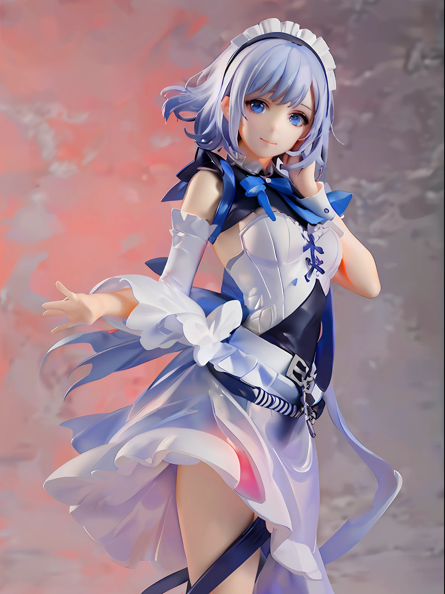 1girl,white hair,((bule hair tips)),black headphone,blue ribbon hairband,maid clothes(white blue),blue eye,hand up, short hair,hair between eyes BREAK full body, chibi, [realistic], [3d], (3dcg), ((octane render)), smile, closed mouth BREAK (8k, RAW photo, best quality, masterpiece:1.2), ultra high res, (((realistic, photo-realistic))), professional lighting, detailed lighting, professional photography, fisheye, dynamic angle, high quality, high res, extremely detailed, bloom BREAK depth of field, sketch, sharp focus, soft lighting, good composition, god light highlight, detailed, (((photorealistic details))), detailed skin, to8contrast style