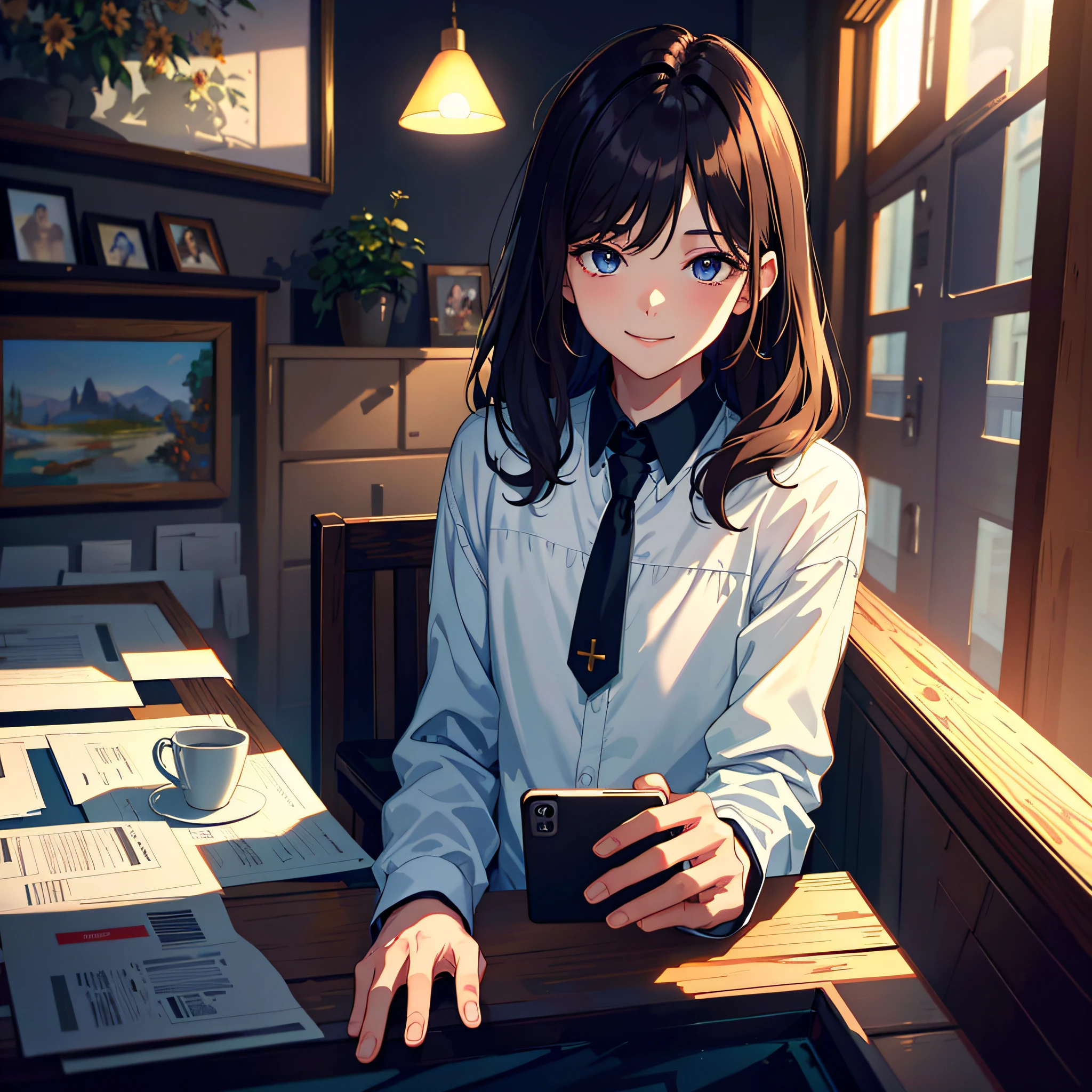 1boy, brunette hair, bad smile, night, holding phone, looking at phone, best quality, masterpiece, super high resolution, detail background, ((highest quality + illustration + masterpiece: 1.3 + super detail: 1.2)), indoors, holding phone, sitting, smiling, looking at phone, black sky, cinematic lighting, (color), (slow motion: 1.2), (soft light and shadow: 1.3).