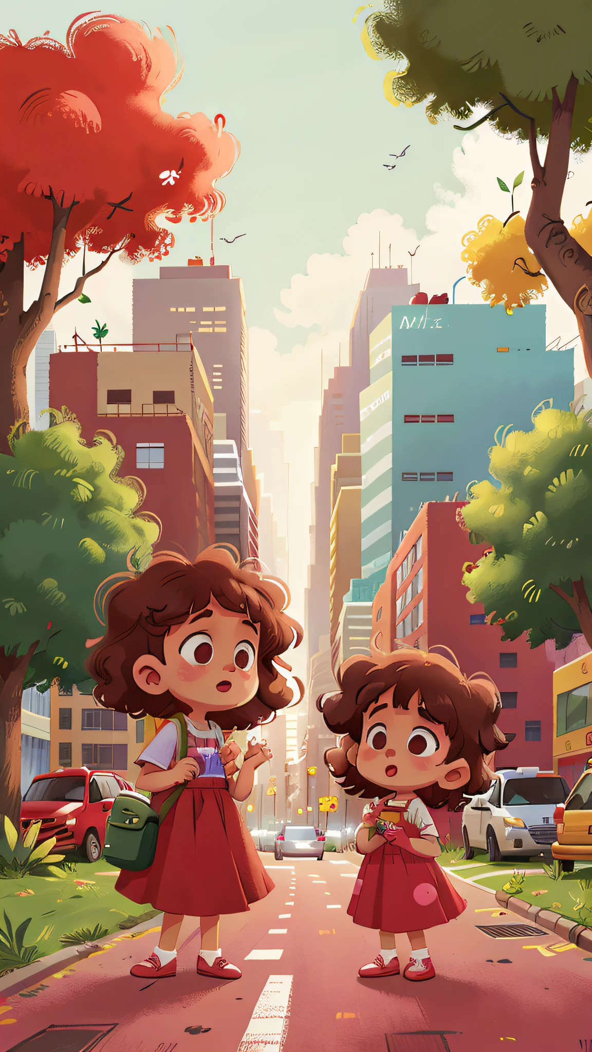 Two girls, twins, curly brown hair, on a busy avenue of cars
