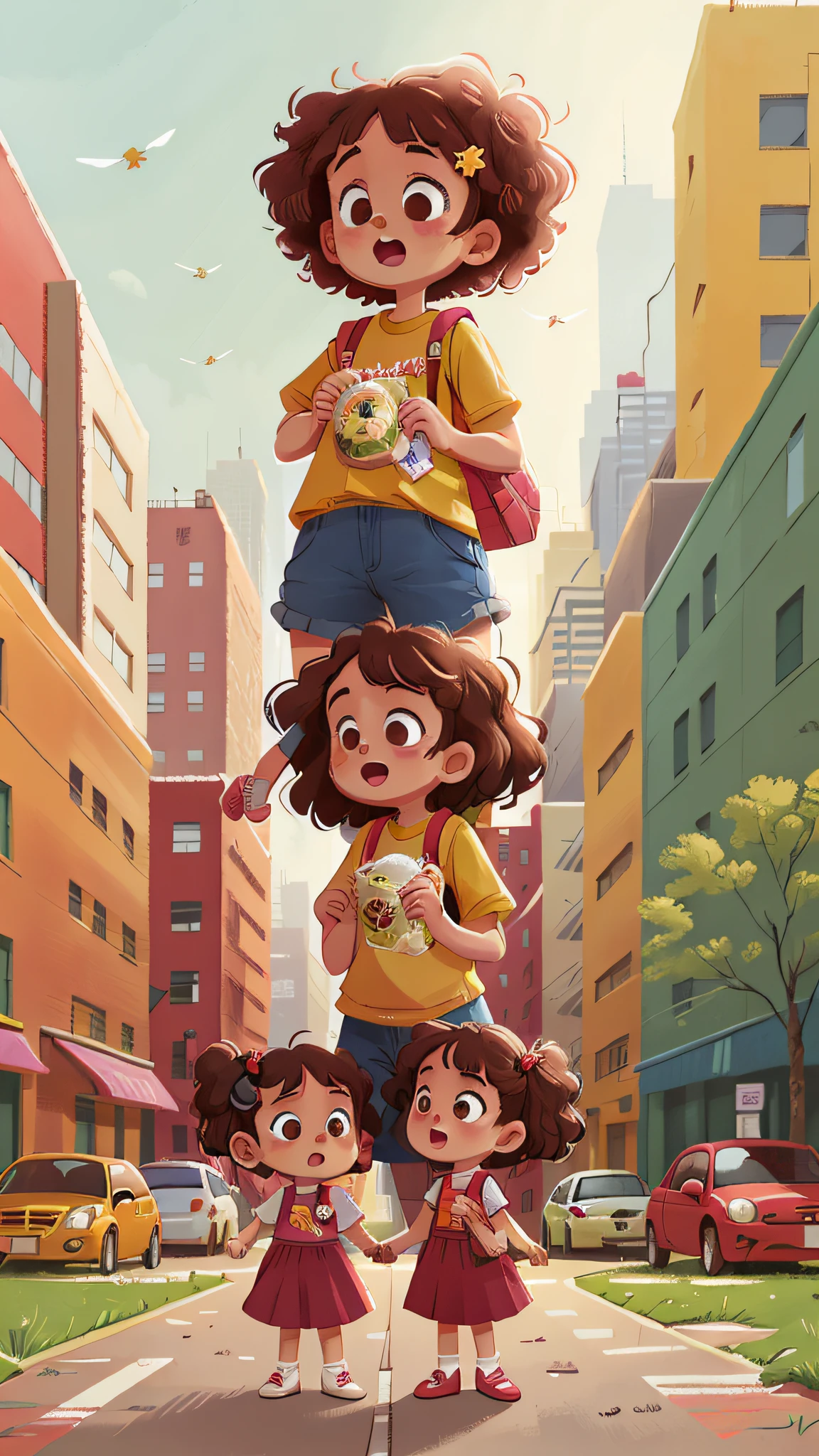 Two girls, twins, curly brown hair, on a busy avenue of cars