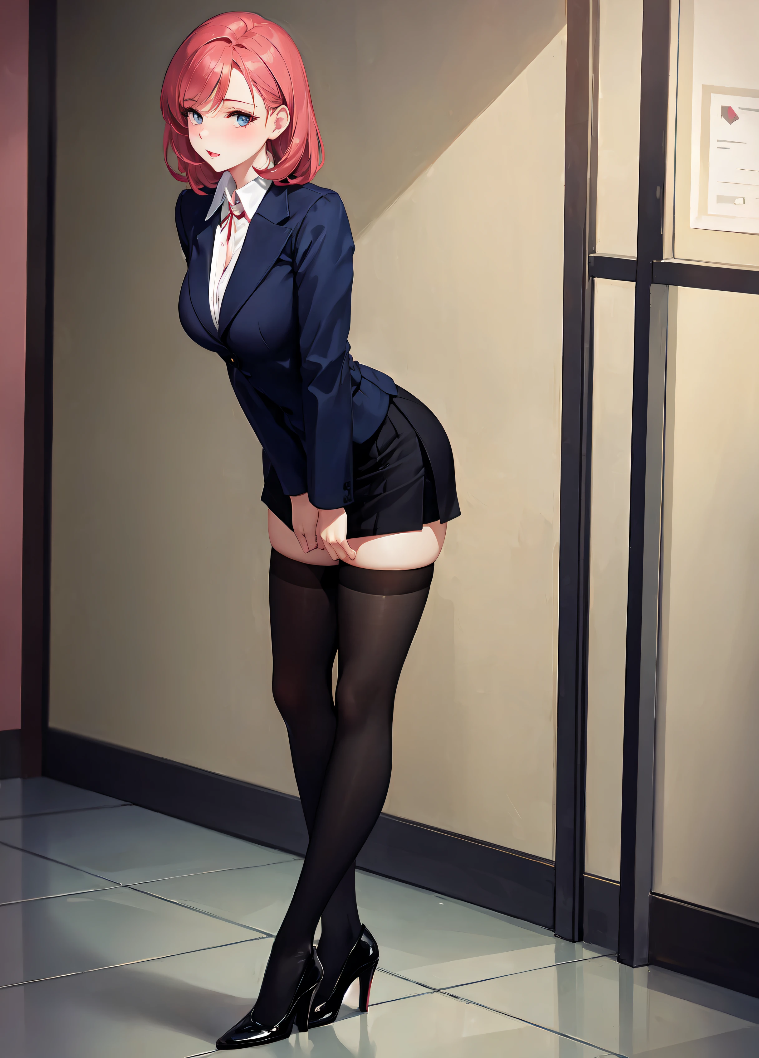 full body photo of a beautiful sexy secretary wearing extremely short skirt and seamed stockings, (stands_straight), ((solo)), adult, at_the_office, high heels, craves, petting_herself