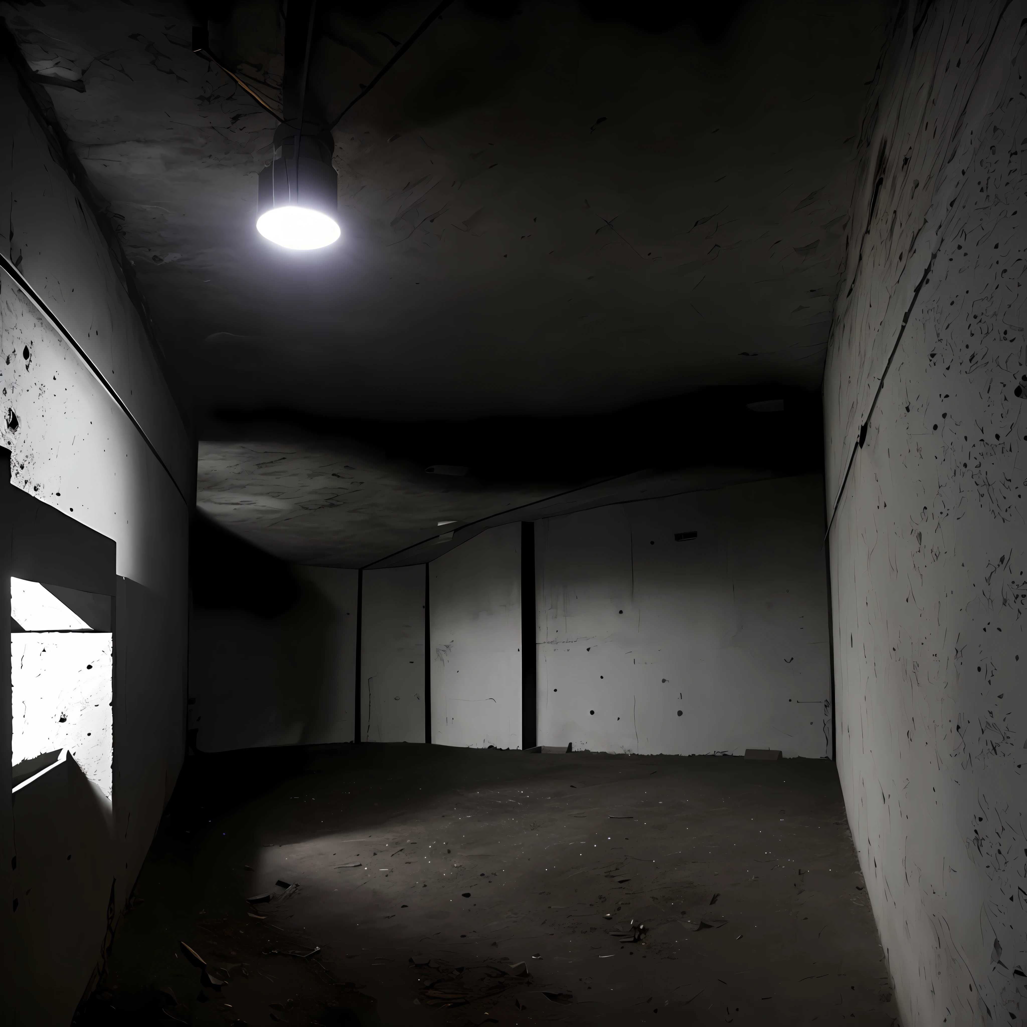 Bomb shelter, bunker, basement, dark room, concrete supports, searchlights, dim light