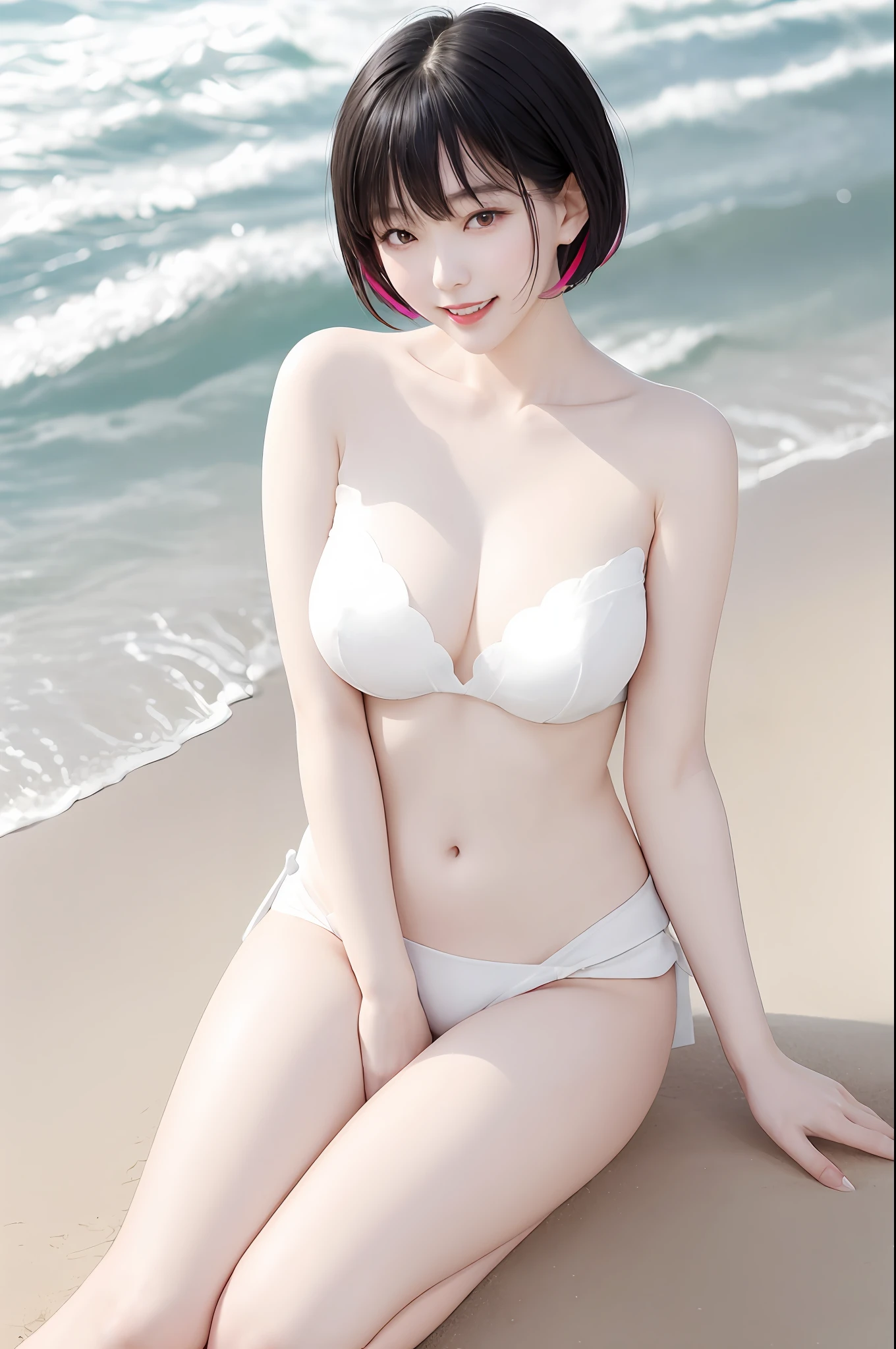 A japanese woman is standing on the beach, exquisite collarbone, seductive and delicate collarbone, charming fragrant shoulders, shoulders slightly exposed,  open-shoulder sweater, peach Red lips, tender and smooth skin,(white skin:1.6),(vivid:2.0),black hair,(bob hair:1.2), short hair,(smile:1.2),smile with teeth, white teeth,very realistic details,  ultra-high resolution,bokeh,outstanding details, 8K, pigeon chest, full body