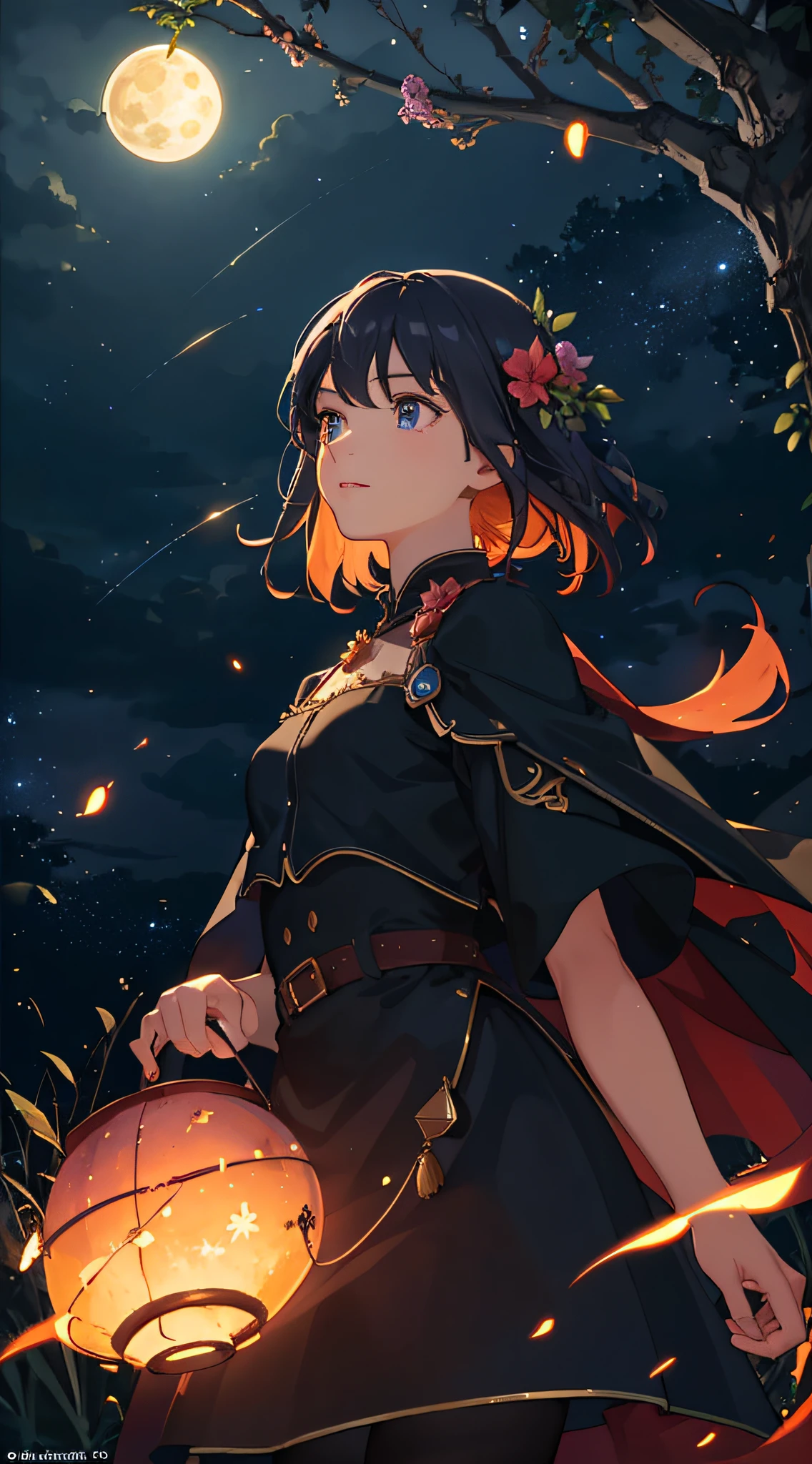 Vast landscape photo, (viewed from below, the sky is above and the open field is below), a girl standing on a flower field looking up, (full moon: 1.2), (meteor: 0.9), (nebula: 1.3), distant mountains , Trees BREAK Crafting Art, (Warm Light: 1.2), (Fireflies: 1.2), Lights, Lots of Purple and Orange, Intricate Details, Volumetric Lighting, Realism BREAK (Masterpiece: 1.2), (Best Quality), 4k, Ultra-Detailed, (Dynamic Composition: 1.4), Very Detailed, Colorful Details, (Rainbow Colors: 1.2), (Glow Lighting, Atmospheric Lighting), Dreamy, Magical, (Solo: 1.2)