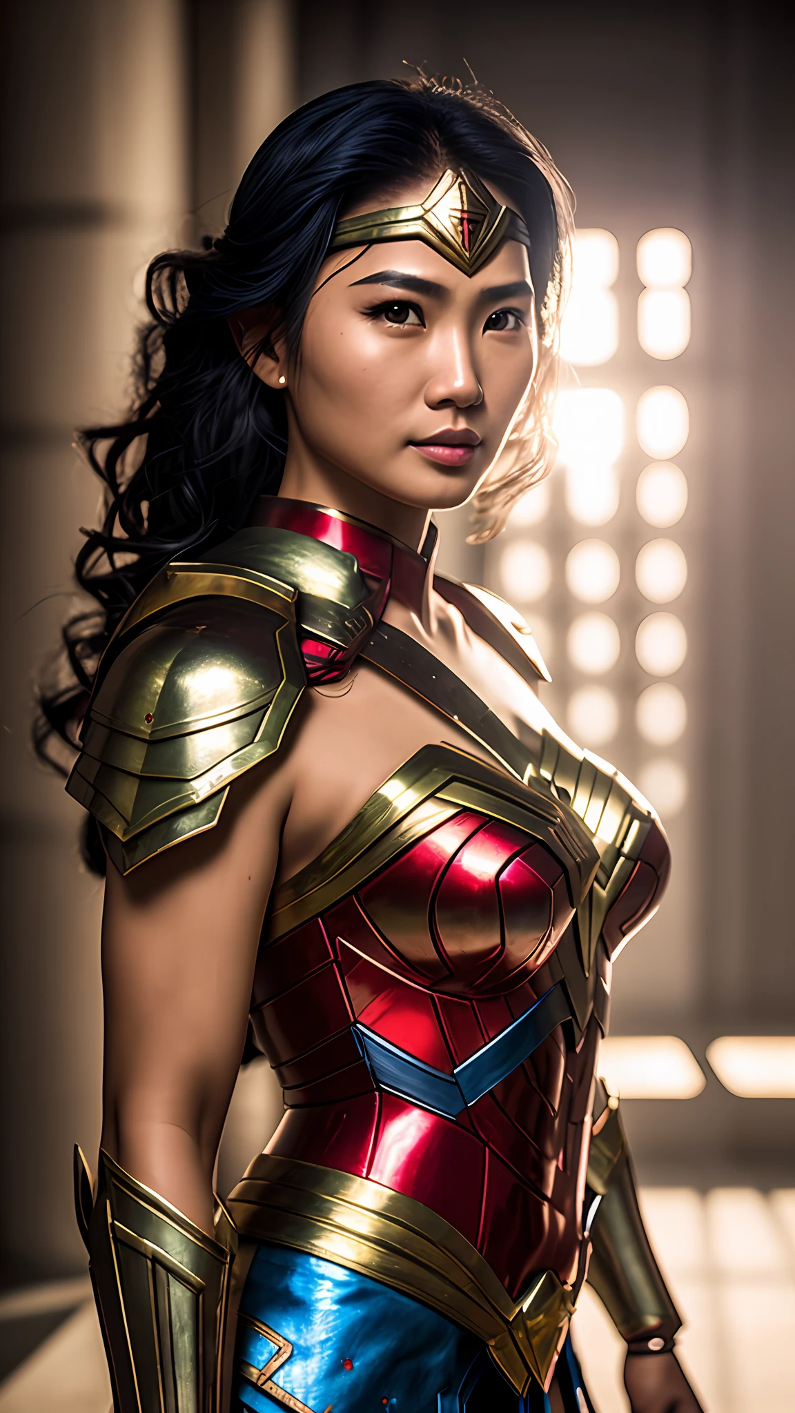 photo of southeast asian wonder woman, red and blue armor, photography, soft lighting, soft details,ultra high detail, ultra realistic, cinematic,16k