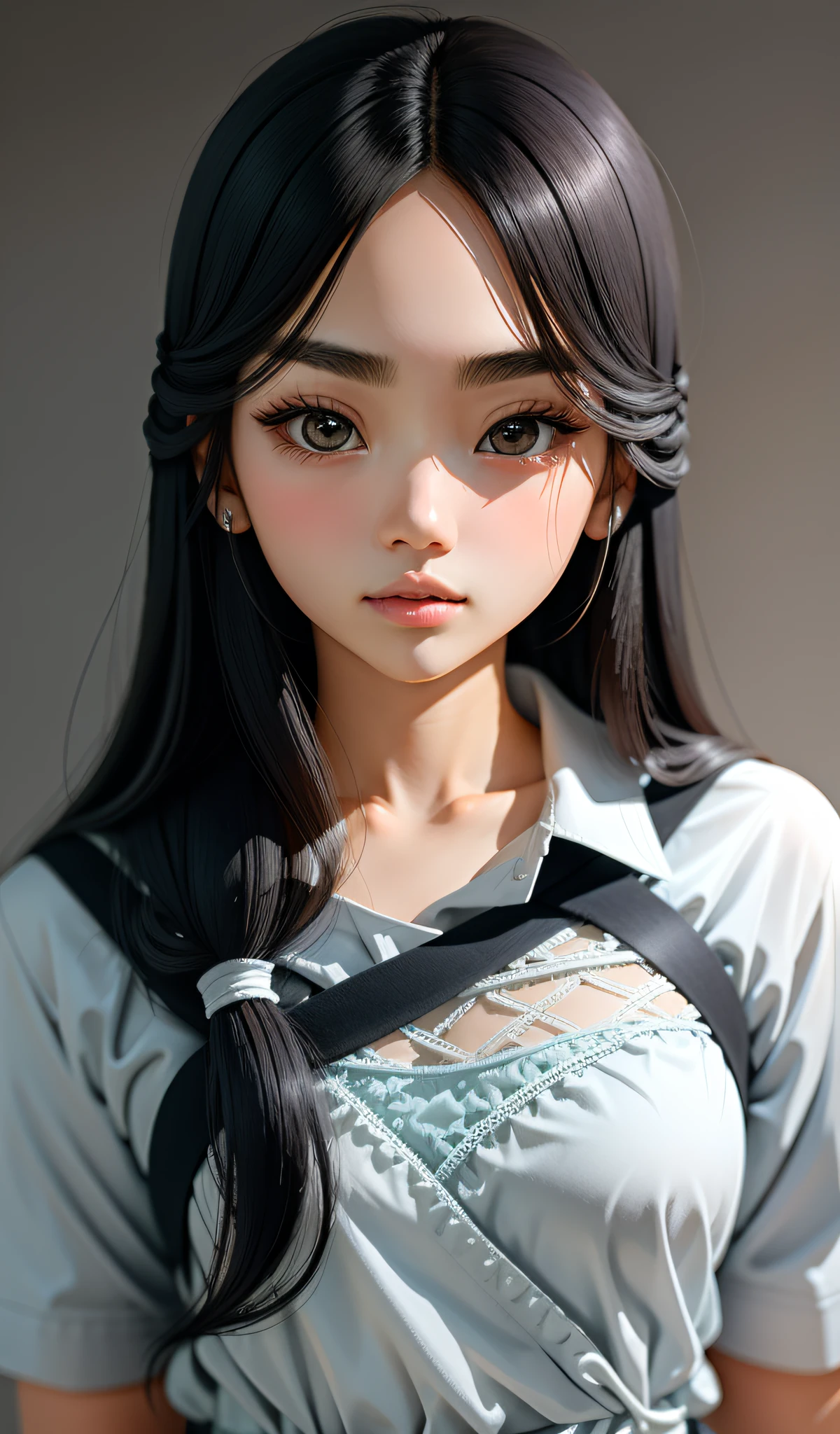 She has small face, thick eyebrows, big eyes, sharp nose, thick lips, only face, 4k, very detail, 23 years old, long black hair