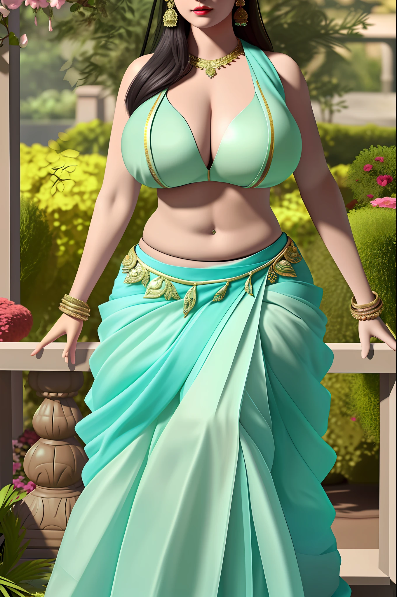 indian milf in low-waist saree, gigantic boobs, underboob, round navel, detailed body, defined abs, 8k hyper-realistic in a garden
