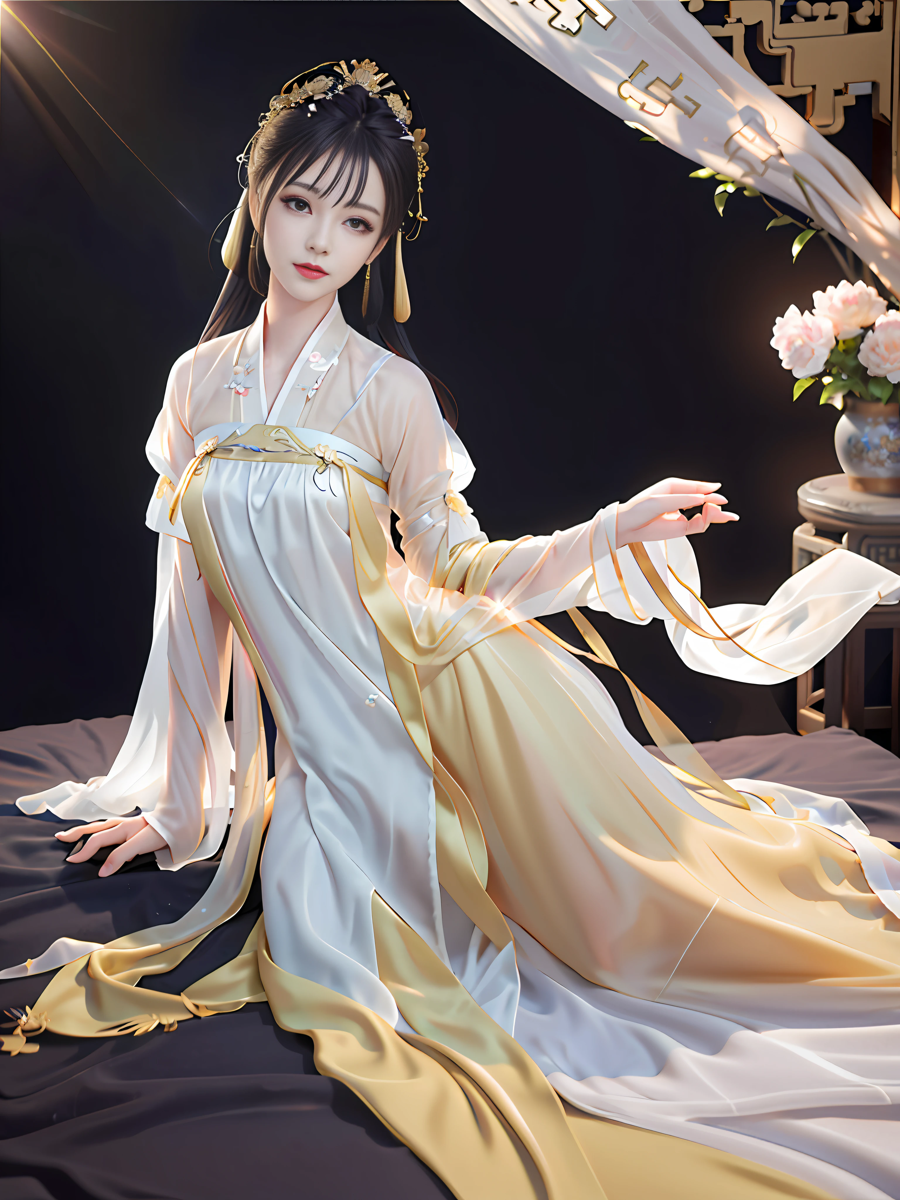 Best quality, masterpiece, high resolution, 1 girl, (Hanfu: 1.2), (gold thread stitching: 1.1), white translucent silk hanpeng, (translucent silk: 1.3), (inside ancient Chinese palaces: 1.2), (fear: 1.1), lips, dress, (hair accessories: 1.2), (ancient Chinese bed: 1.3), long hair, medium chest, delicate beautiful eyes, delicate eyelashes, beautiful face, upon_body, tyndall effect, (Realistic: 1.2), Edge Lighting, Bi-tone Lighting, (High Detail Skin: 1.2), 8K UHD, DSLR, Soft Light, High Quality, Volumetric Light, Snapshot, (Photo: 1.1), High Resolution, Highest, High Resolution, Detailed Eyelashes, Beautiful Face, Body, Tyndall Effect, Two-tone Lighting, (High Detail Skin: 1.2), 8K Ultra HD, Soft Light, High Quality, Volume Lighting, Frank Shot, (Low Angle Shooting: 1.1), (Beautiful Woman Lying in Bed), Sexy, Chivalrous, A Woman Standing in Front of the Bed.