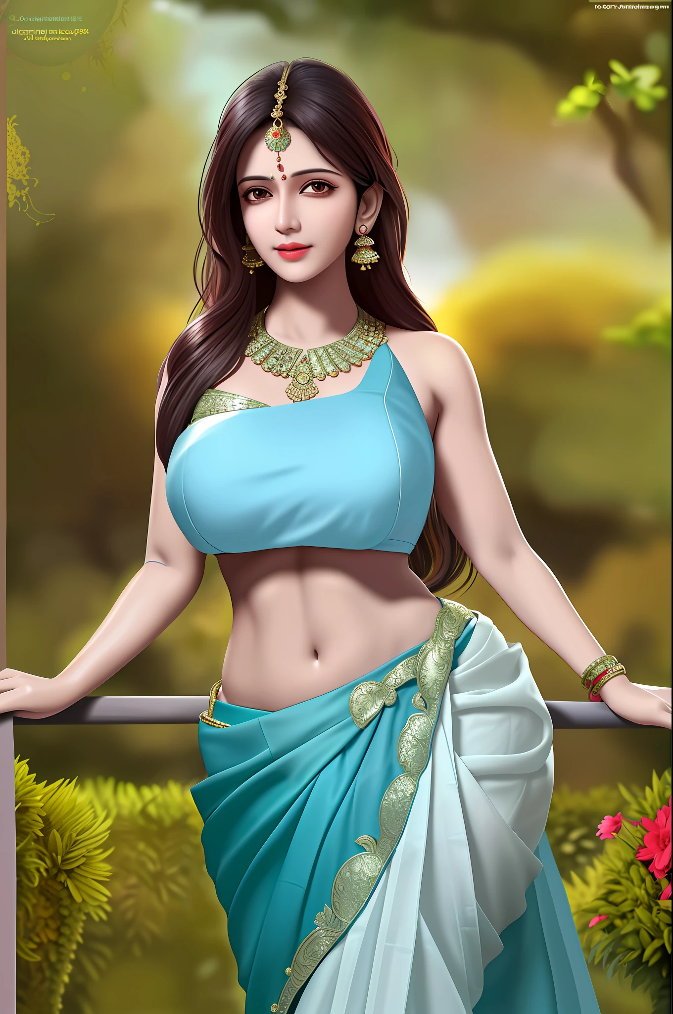 indian milf in low-waist saree, gigantic boobs, underboob, round navel, detailed body, defined abs, 8k hyper-realistic in a garden