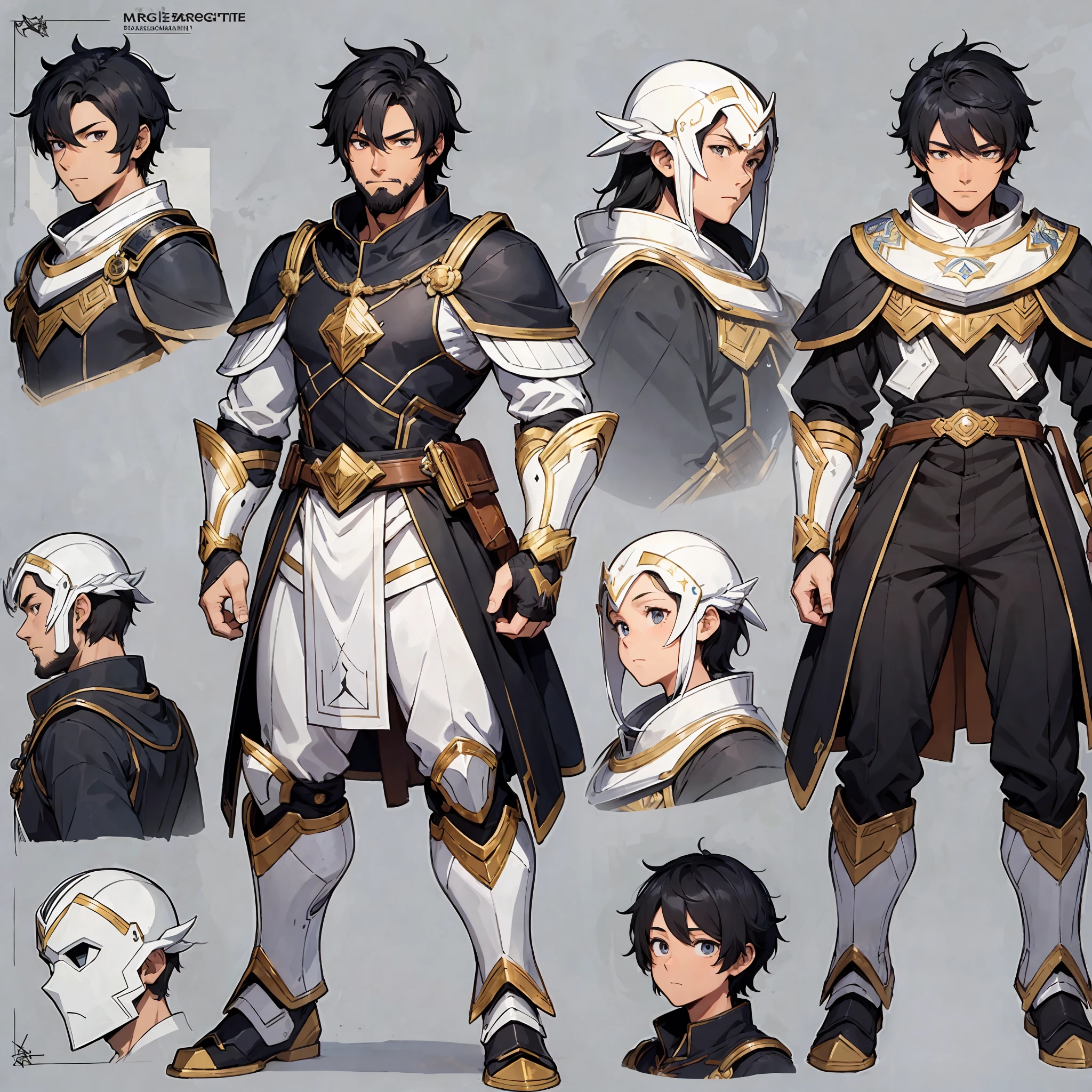 ((masterpiece)),(((best quality))),(character design sheet, same character, front, side, back), illustration,black hair,brown skin,boy, white armor,thin beard --auto --s2