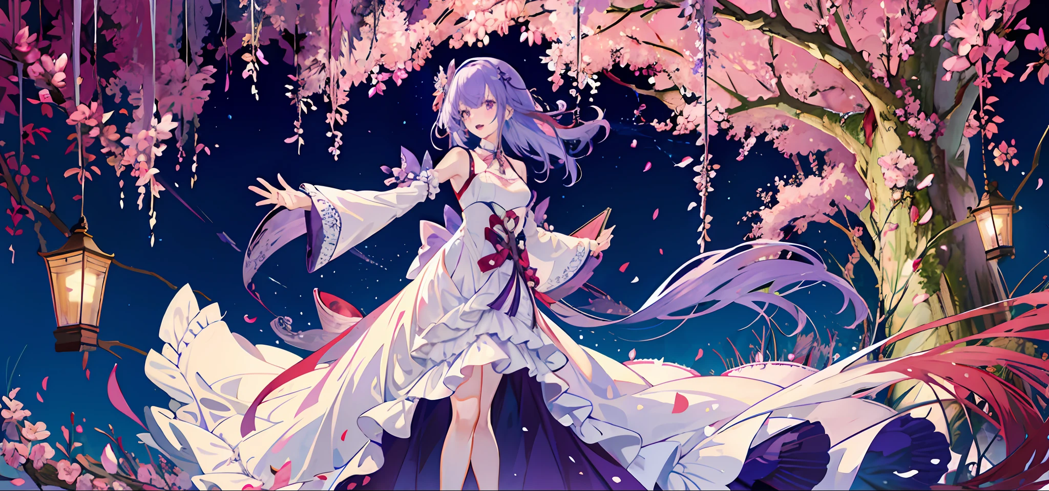 A woman in a red wedding dress lying on a peach blossom tree with a magic wand , anime two-dimensional art, genshin impact, genshin impact character, 1 girl, solo, barefoot, long hair, purple hair, purple eyes, book, full body, dress, ahog, looking at the audience, white dress, split sleeves, hair accessories, bangs, holding, wide sleeves, purple ribbon, blush, smile, standing, stars (symbol), breasts, bare legs, very long hair, toes, ribbon, long sleeves, jewelry, feet, open book, open mouth, hold book, sleeveless , bare shoulders, flowers, frills, bows, hair flowers