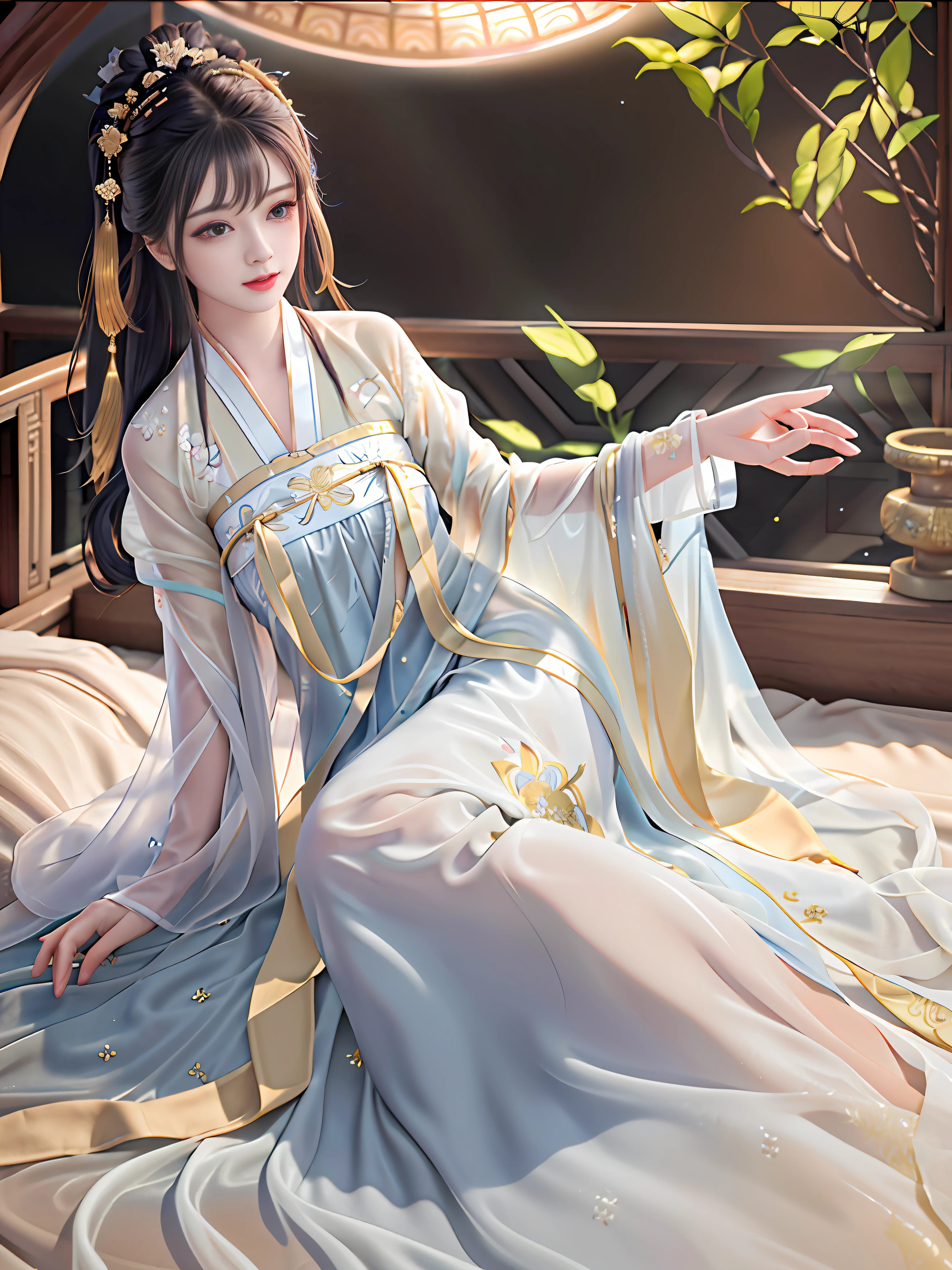 Best quality, masterpiece, high resolution, 1 girl, (Hanfu: 1.2), (gold thread stitching: 1.1), white translucent silk hanpeng, (translucent silk: 1.3), (inside ancient Chinese palaces: 1.2), (fear: 1.1), lips, dress, (hair accessories: 1.2), (ancient Chinese bed: 1.3), long hair, medium chest, delicate beautiful eyes, delicate eyelashes, beautiful face, upon_body, tyndall effect, (Realistic: 1.2), Edge Lighting, Bi-tone Lighting, (High Detail Skin: 1.2), 8K UHD, DSLR, Soft Light, High Quality, Volumetric Light, Snapshot, (Photo: 1.1), High Resolution, Highest, High Resolution, Detailed Eyelashes, Beautiful Face, Body, Tyndall Effect, Two-tone Lighting, (High Detail Skin: 1.2), 8K Ultra HD, Soft Light, High Quality, Volume Lighting, Frank Shot, (Low Angle Shooting: 1.1), (Beautiful Woman Lying in Bed), Sexy, Chivalrous, A Woman Standing in Front of the Bed.