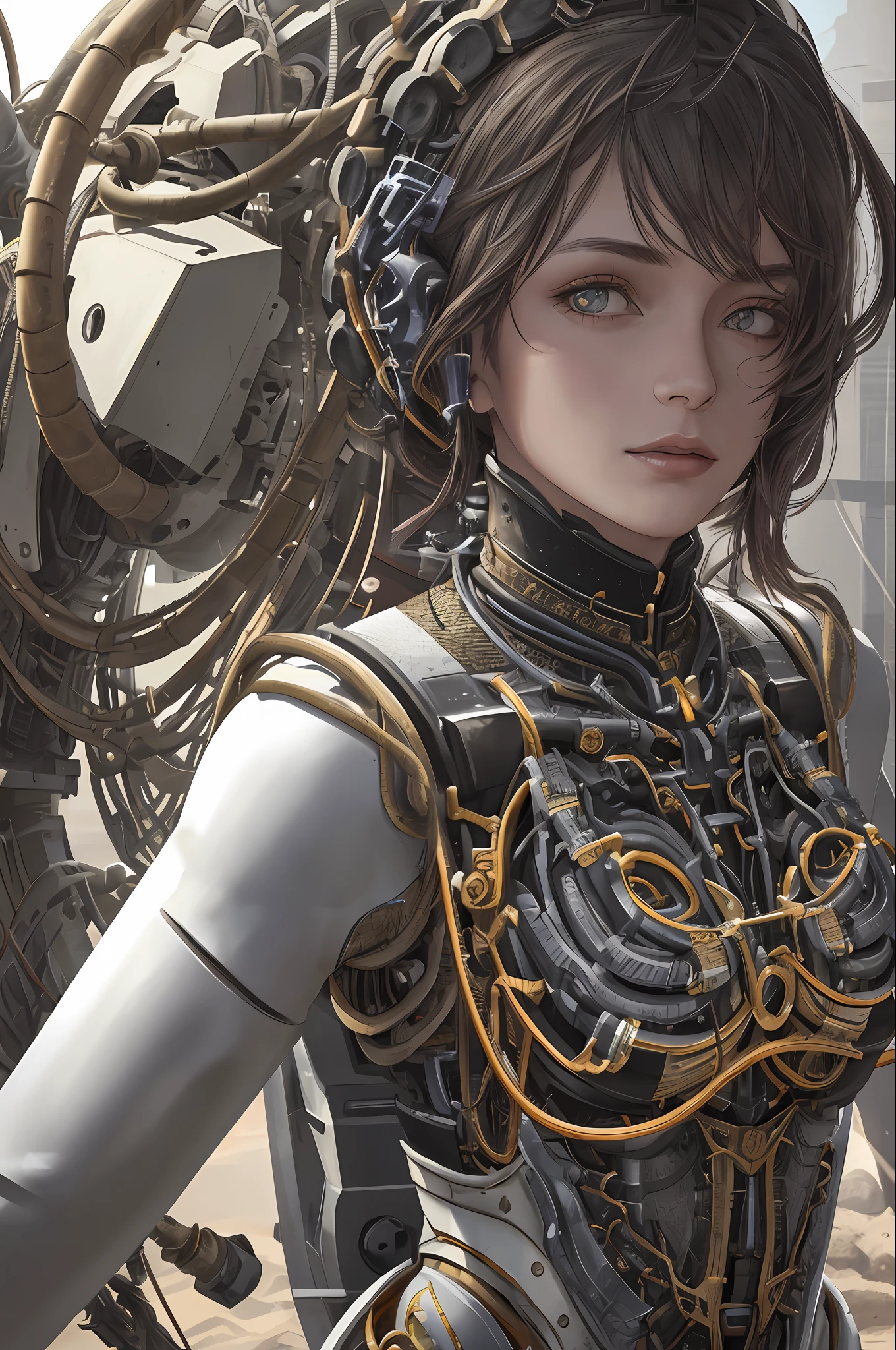 1mechanical girl,((ultra realistic details)), portrait, global illumination, shadows, octane render, 8k, ultra sharp,metal,intricate, ornaments detailed, cold colors, egypician detail, highly intricate details, realistic light, trending on cgsociety, glowing eyes, facing camera, neon details, machanical limbs,blood vessels connected to tubes,mechanical vertebra attaching to back,mechanical cervial attaching to neck,sitting,wires and cables connecting to head