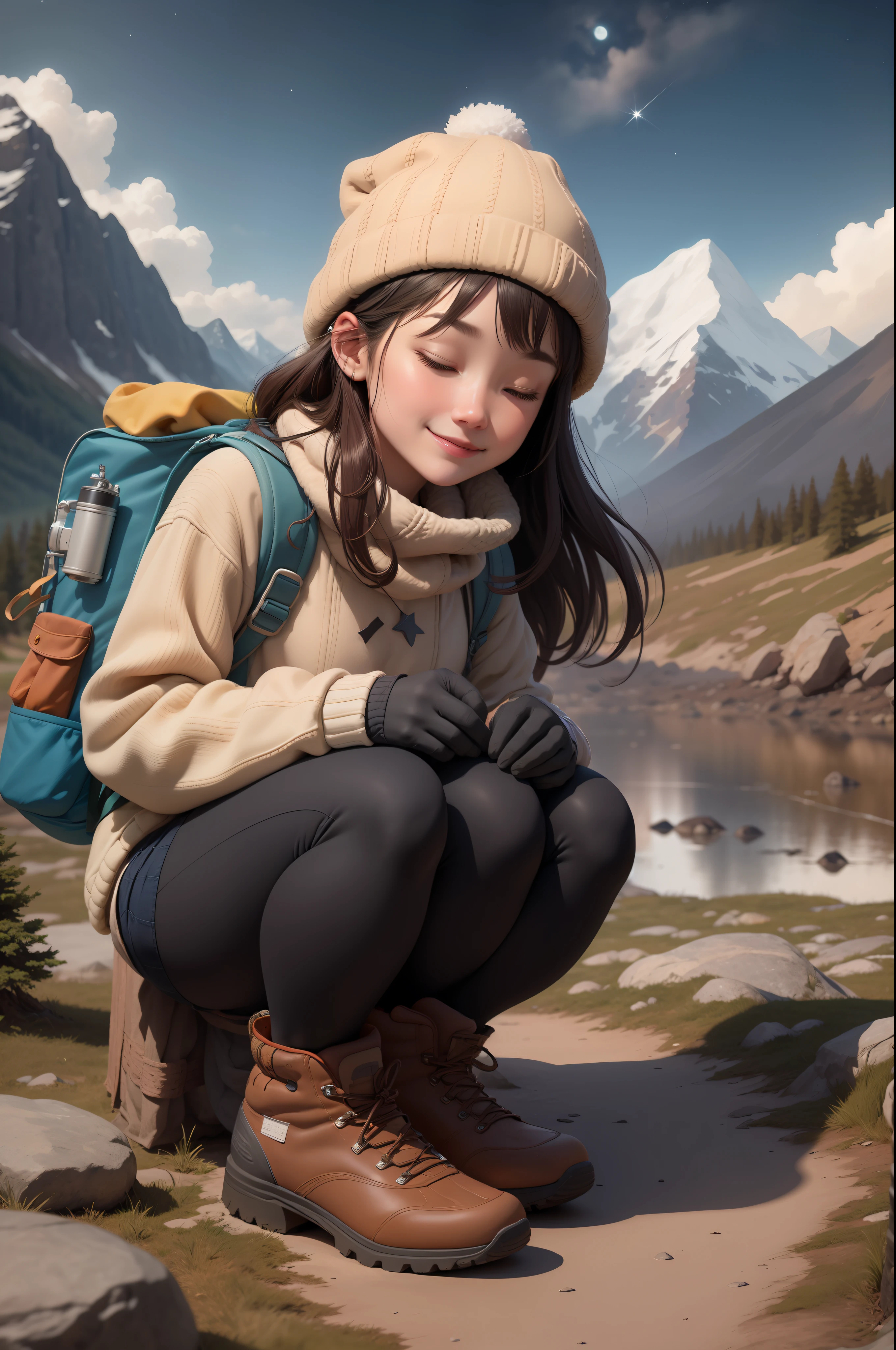 1 woman ((whole body crouched, happy)), masterpiece, best quality, ultra-detailed, solo, outdoor, (day), mountains, nature, (stars, moon) cheerful, happy, backpack, sleeping bag, camping stove, water bottle, mountain boots, gloves, sweater, hat, lantern, forest, stones, river, wood, smoke, shadows, contrast, clear sky, style, (warm hue, warm tone: 1,2), close-up, cinematic light, side lighting, ultra high resolution, best shade, RAW, short skirt, wearing pullover
