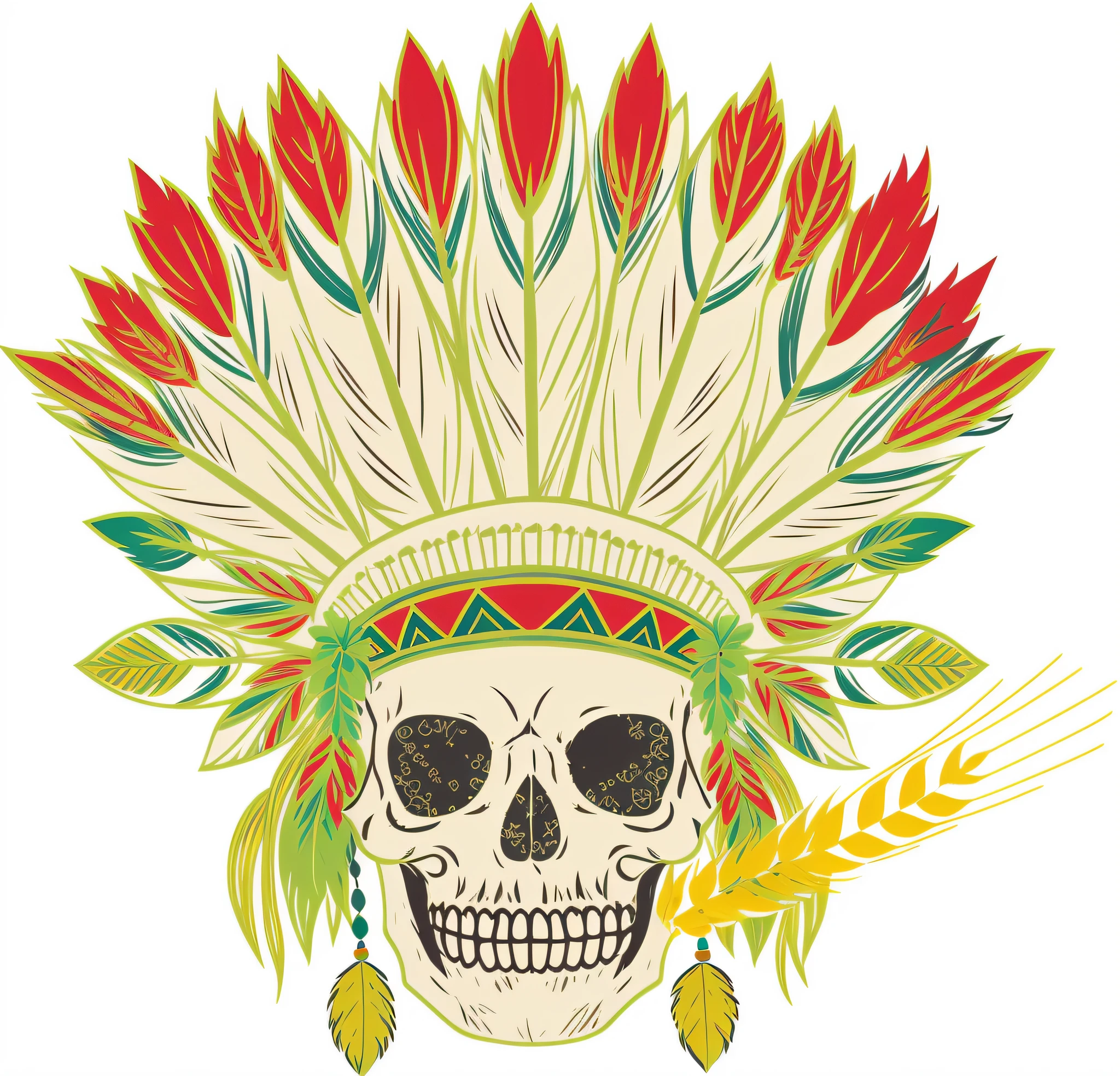 skull wearing native american headdress with wheat ears, aztec skull with crown of hops, american indian headdress, with an animal skull for a head, aztec skull, wearing crown of bright feathers, colored illustration for tattoo, ornate headdress, sacred skull, colonnade ornate headdress, skull image on the vest, headdress, feather native american headgear
