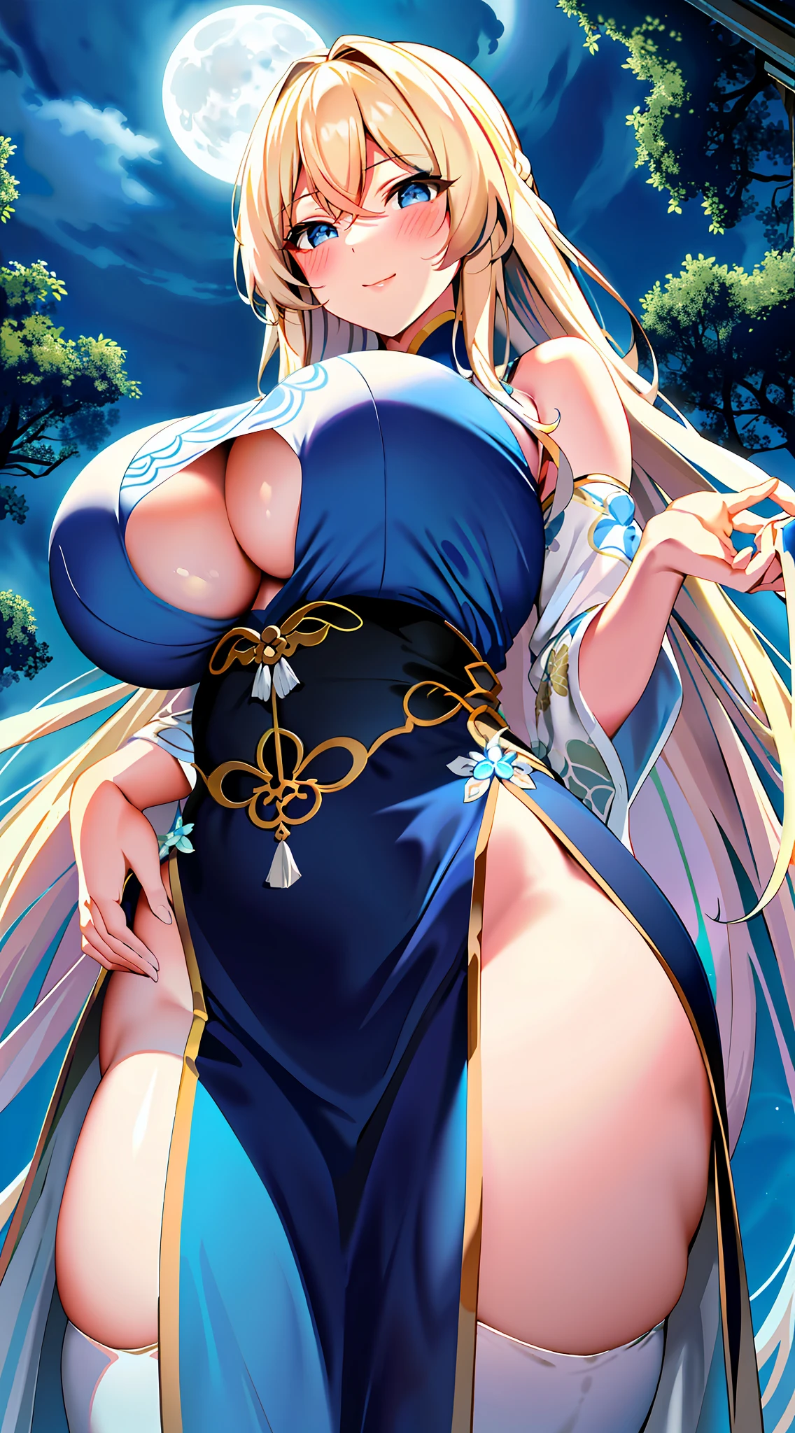 ((Colossal breasts)) Big breasts ((eyes blue with highlights)) Blonde White skin Long hair blush cheongsam boobs sexy moonlit night Lake ((Supporting breasts from below))