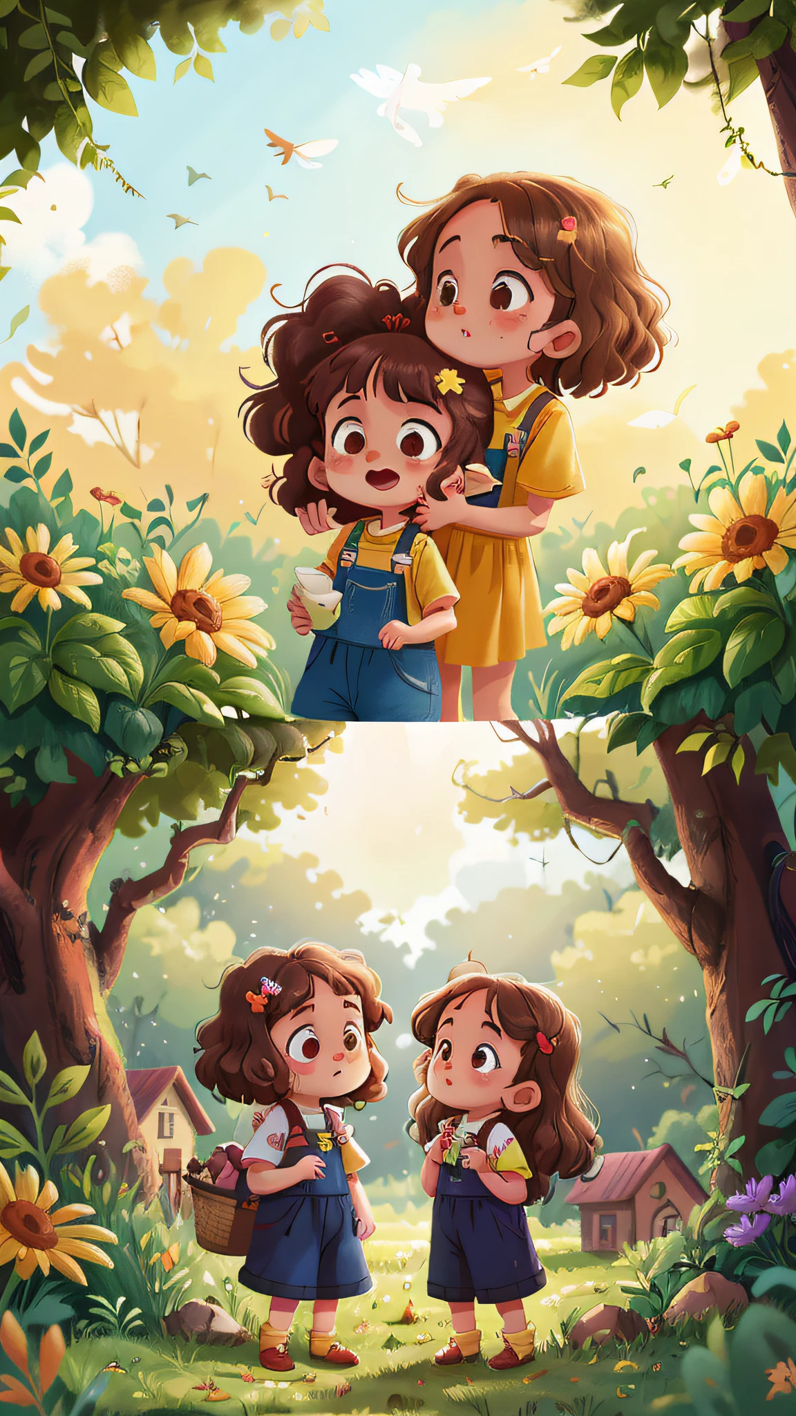 Two girls, twins, curly brown hair, on a farm