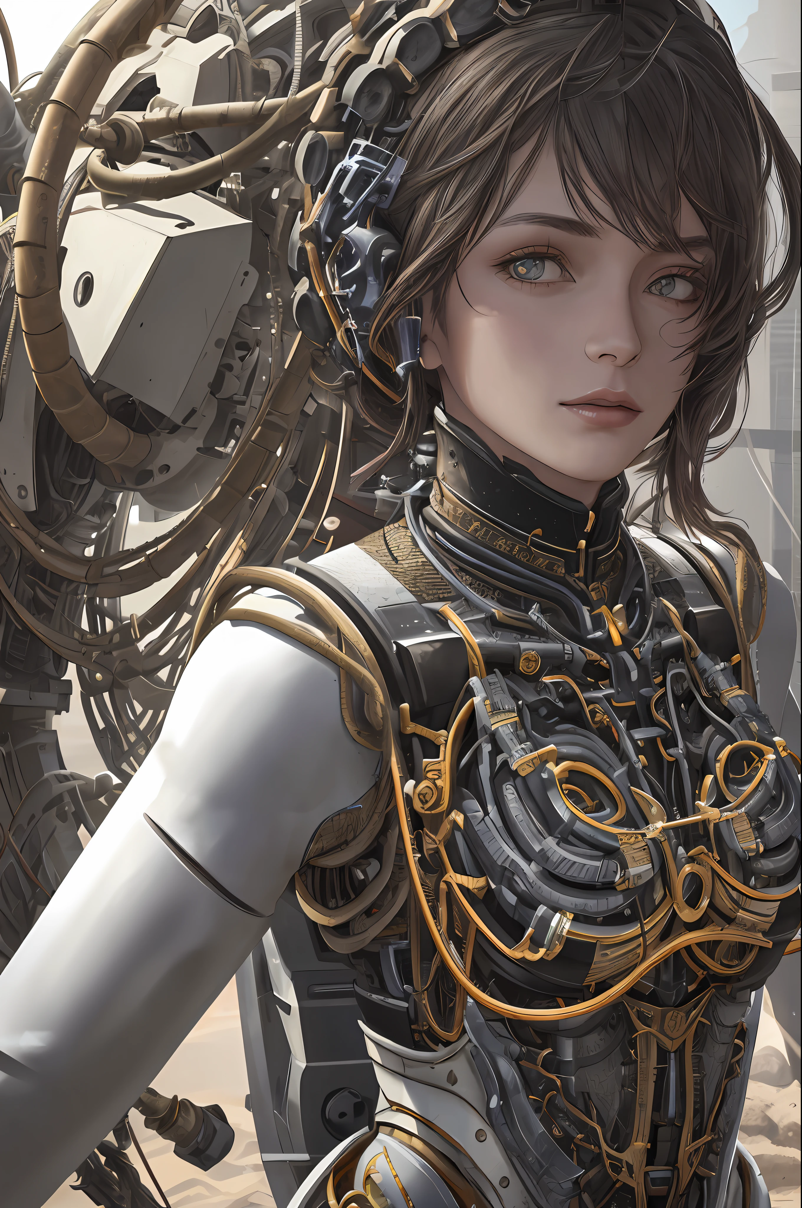 1mechanical girl,((ultra realistic details)), portrait, global illumination, shadows, octane render, 8k, ultra sharp,metal,intricate, ornaments detailed, cold colors, egypician detail, highly intricate details, realistic light, trending on cgsociety, glowing eyes, facing camera, neon details, machanical limbs,blood vessels connected to tubes,mechanical vertebra attaching to back,mechanical cervial attaching to neck,sitting,wires and cables connecting to head