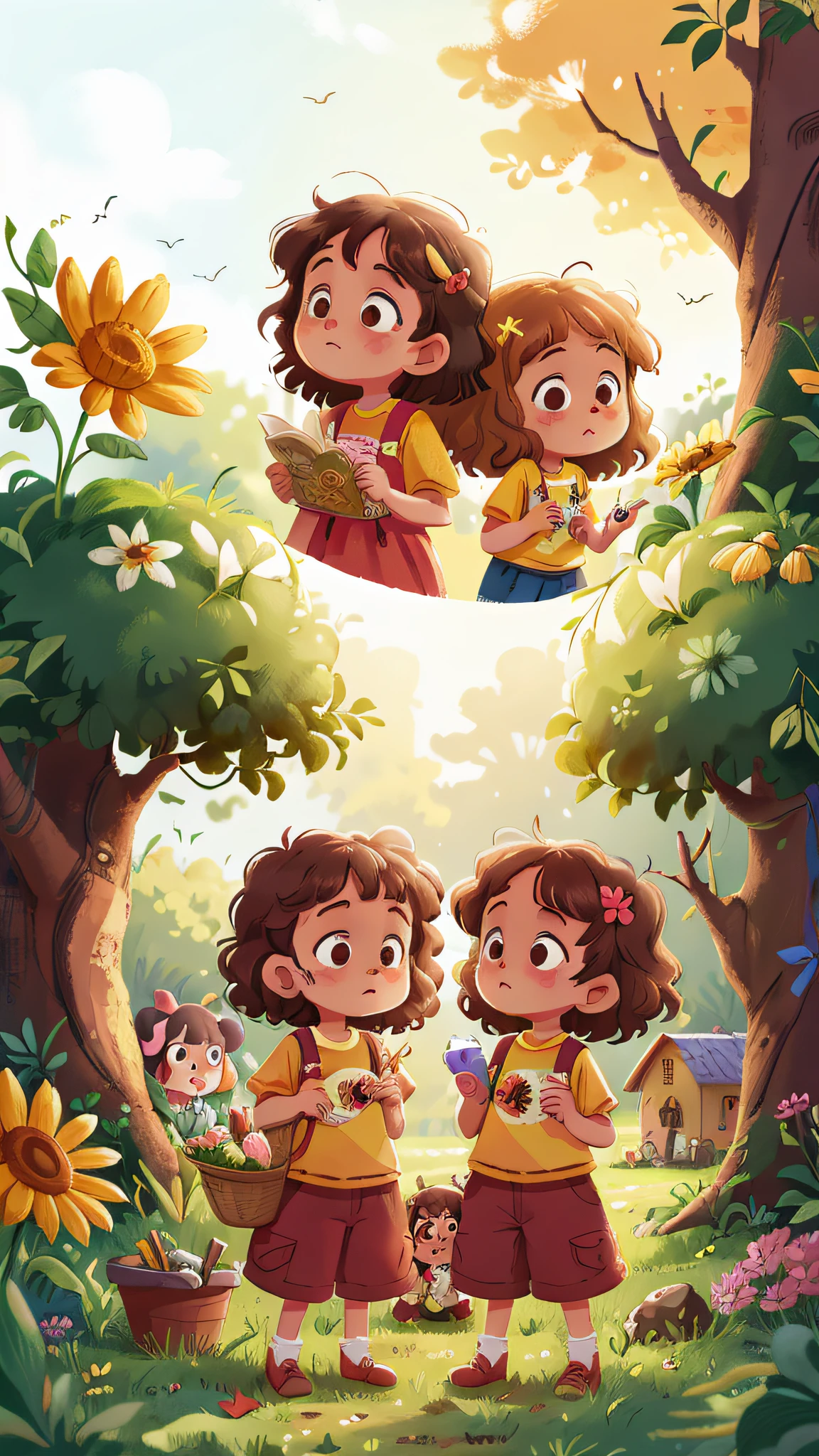 Two girls, twins, curly brown hair, on a farm