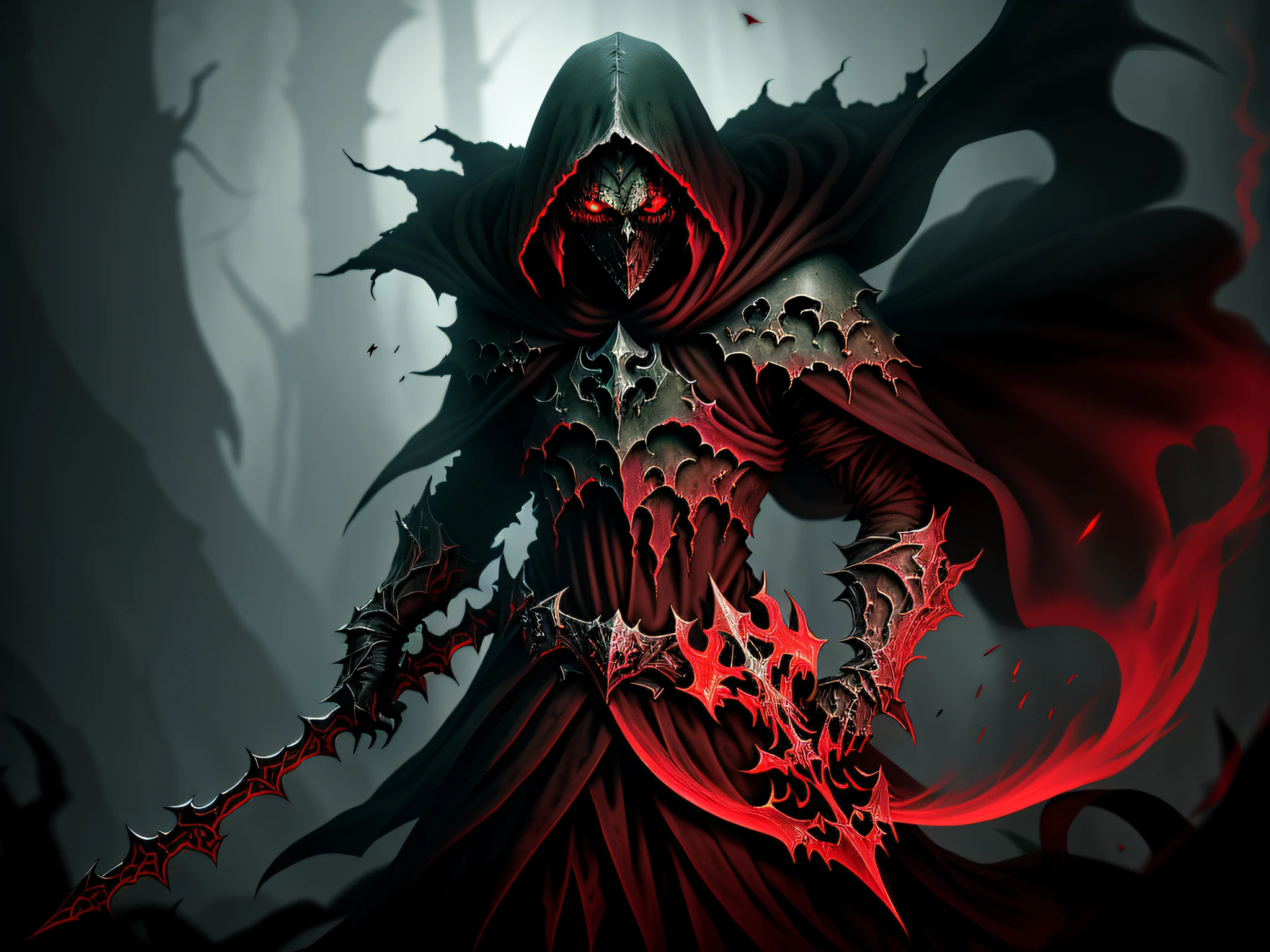 (ashenhard style:1.2), masterpiece, best quality, high quality, (a dark shapeless creature with a dark green glow and red eyes and surrounded by darkness:1.2), (darkness:1.2), gray clothes, iron mask black, abstraction, abyssopelagic, award winning photography, Depth of field, HDR, extremely detailed, trending artstation, trending CGsociety, Intricate, High detail,