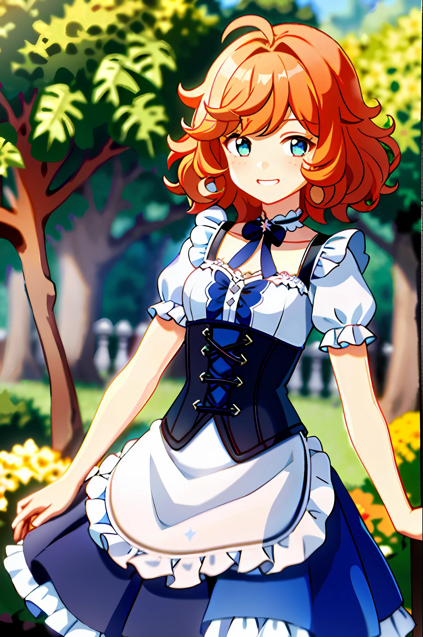 masterpiece, best quality, 1girl, solo, upper body, genshin impact, 1girl, branch, green eyes, green leaves, forest, open mouth, cowboy shot, orange hair, short hair, very curly hair, curly hair, puffy hair, poofy hair, frizzy hair, curly hair, Afro hair, Afro, looking at viewer, long bangs, messy bangs, small breasts, blue dress, frilly dress, puffy short sleeves, apron, blue maid outfit, dark blue corset, outdoors, freckles, friendly, big smile, cheerful, blue hair ribbon, solo, dynamic pose,  genshin,