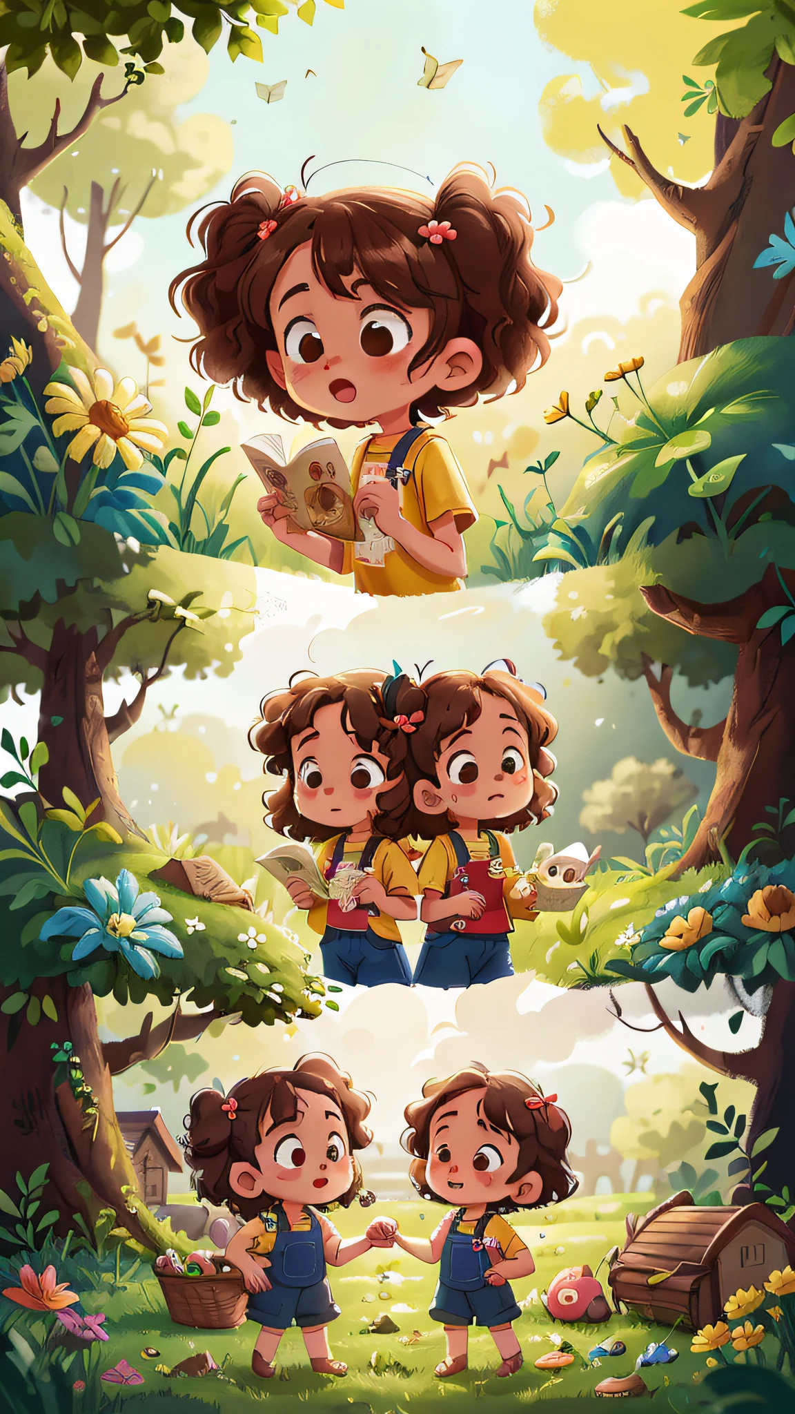 Two girls, twins, curly brown hair, on a farm