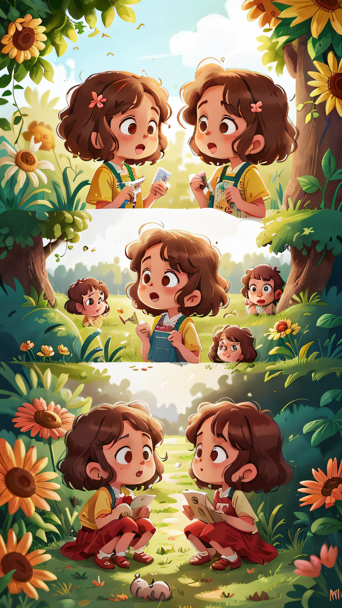 Two girls, twins, curly brown hair, on a farm