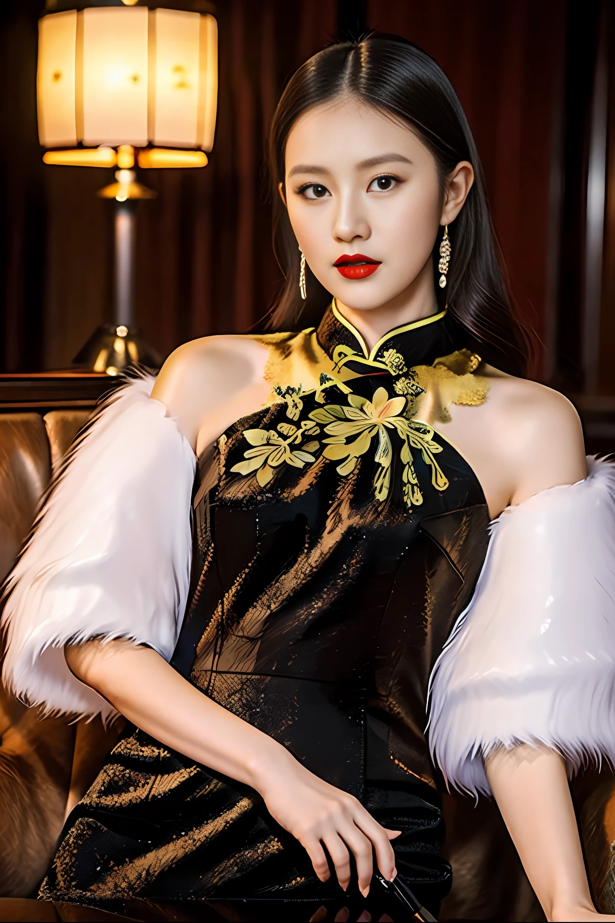Realistic, high resolution, 1 girl in gorgeous cheongsam, (fur), (raw photo,intricate ultra-detailed costumes: 1.4, extremely gorgeous costumes), 1930s Shanghai,vintagepunk sofa,vintagepunk telephone,vintagepunk lamp,vintage furnitures,vintagepunk background, cinematic lighting, vintage microphone, neons, masterpiece, perfect anatomy, perfect face, abstract beauty, illustration, best quality, (official art, extremely detailed CG Unity 8k wallpaper), highly detailed, absurd, 8k resolution, (((realistic))), (((realistic))), popular on art stations
