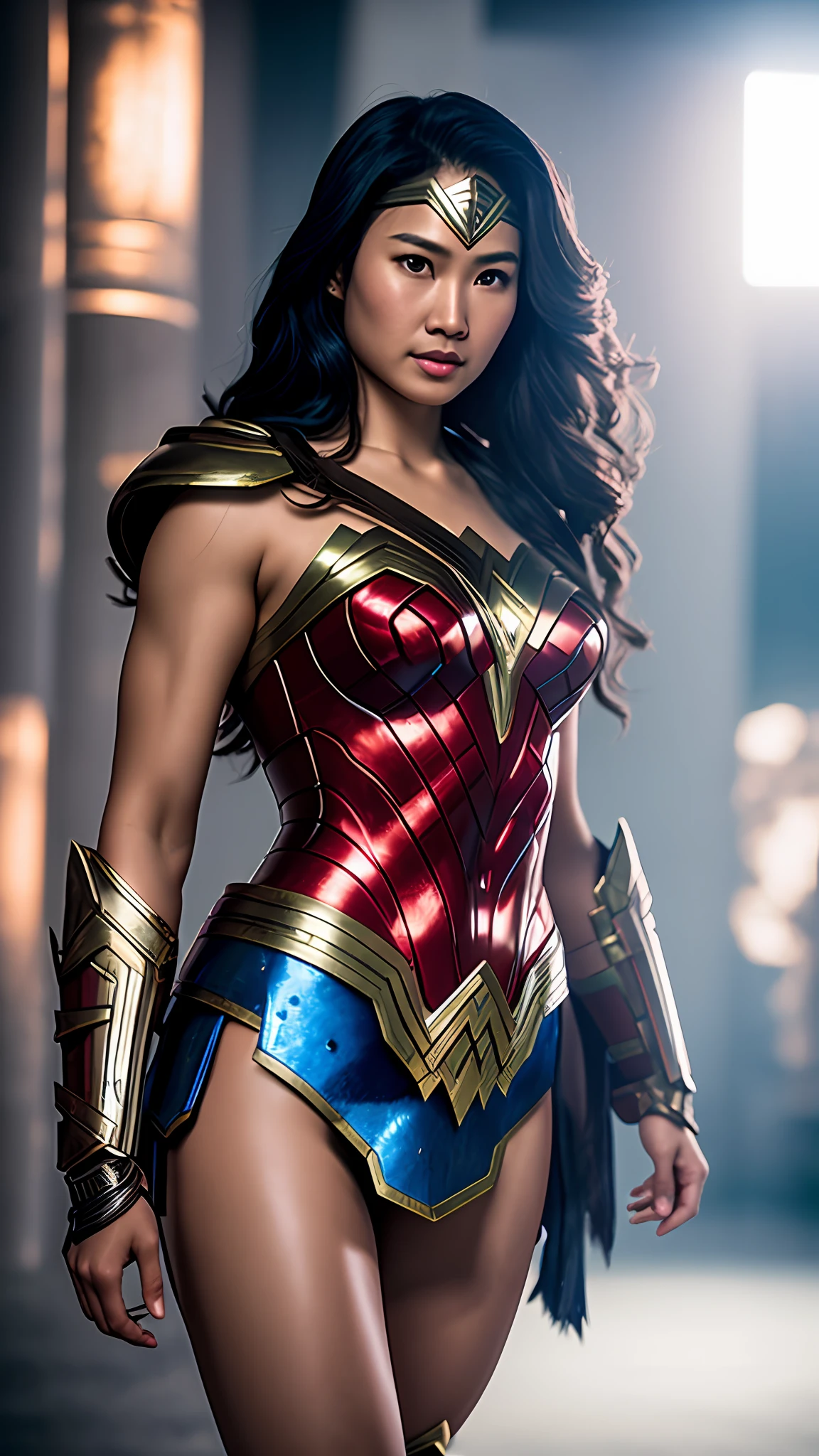 photo of southeast asian wonder woman, red and blue armor, photography, soft lighting, soft details,ultra high detail, ultra realistic, cinematic,16k