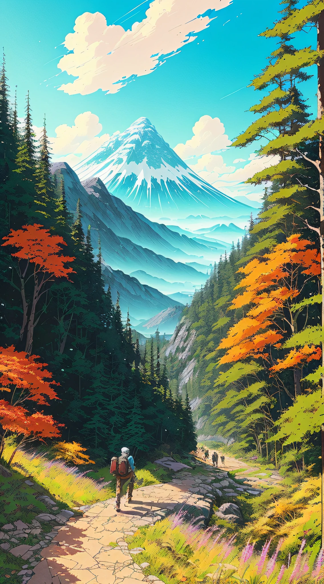 Realistic, realistic, beautiful hiking trails with Greg Rutkowski, Laurie Greasley style, Studio Ghibli, Akira Toriyama, James Gilleard, Genshin Impact, popular Pixiv Fanbox, Acrylic Palette Knife, 4K, (bright colors), (high saturation), Devinart, trending on ArtStation