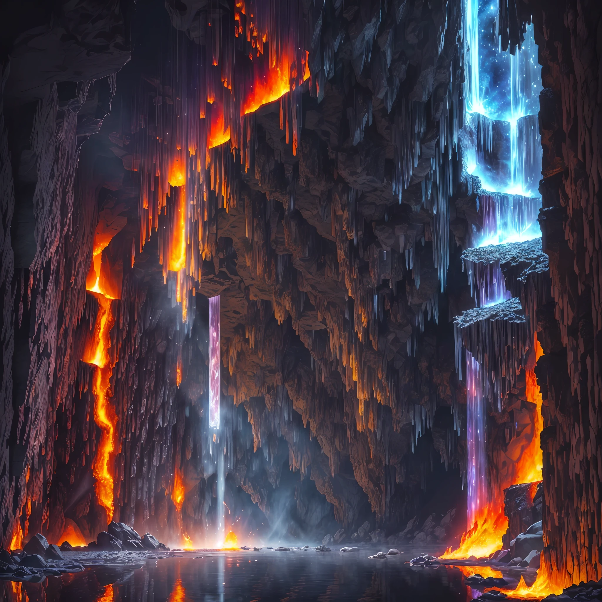 Large-scale landscape ultrasound photograph (general view, which shows the stone vault of the cave, (detailed description of the cave), frozen lava, stalactites (in detail), stalagmites (in detail), as well as helicates (in detail), lake (in detail), mercury on the surface of the lake, burning surface, one gray-haired guy in a shirt and trousers (1: 3), (ultra-detailed description of appearance), standing in fire, crystals (crystals: 1,2), reflection in mercury crystals, burning lava (dripping lava 1: 2), (falling stones: 0.9), (fire: 1.3), crystals, fire stones, lava, mercury, cave BREAK production art, (cold light source:1.2), (Firefly:1.2), fire particles, dark, red, yellow and orange, complex details, volumetric lighting, realism BREAK (masterpiece:1.2), (best quality), 4k, ultra-detailed, (dynamic composition: 1.4), high detailed, colorful details, (gloomy colors: 1.2), (luminous lighting, atmospheric lighting), gloomy, dark, magical, (solo: 1.2) --auto --s2