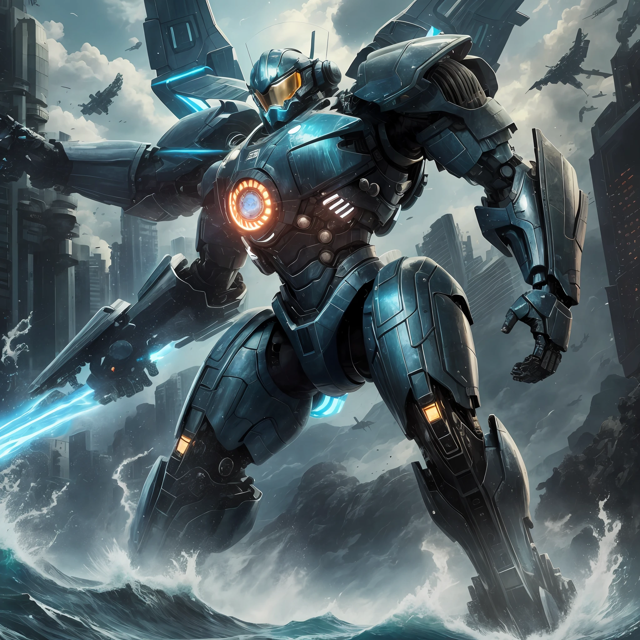 Fine detail, 4K wallpaper, arms outstretched, body and arms sharply defined, full body,masterpiece, best quality,mecha,Gipsy Danger,realistic,blue_theme, fantasy, no_humans, scenery, from Pacific Rim, Pacific Rim, Movie 4K wallpaper, 4K wallpaper, HD wallpaper, Movie Pacific Rim, Movie Still 8K, HDR, Best Picture Quality, the main body is the seventh generation Jaeger, two burning turbonuclear reactors located in the center of the chest,r, brilliant infinite Pacific Ocean, fully suitable for 8K wallpaper, HDR,8K,8K桌面壁纸,环太平洋,真实。J43g3r第八代,两个燃烧的橙色的涡轮核反应堆位于胸部中间。壮阔的无垠太平洋和纯净的天空背景。