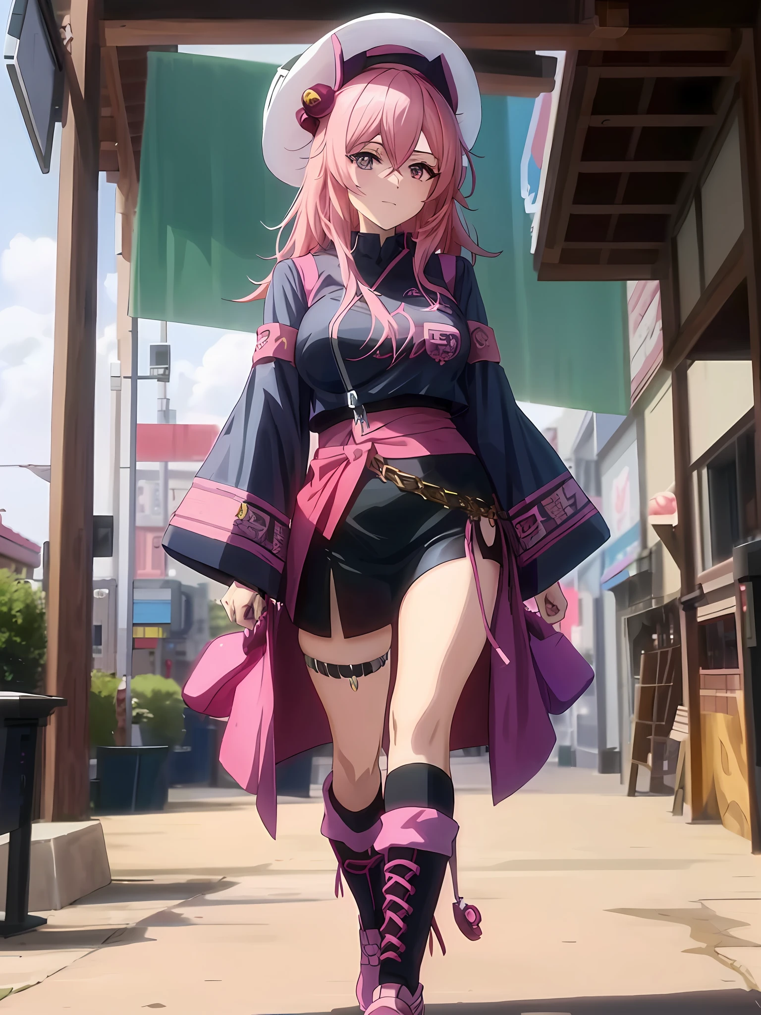 anime - style image of a woman in a pink outfit and hat walking down a sidewalk, best anime 4k konachan wallpaper, anime style 4 k, badass anime 8 k, trending on artstation pixiv, guweiz on pixiv artstation, artwork in the style of guweiz, haruno sakura, anime style. 8k