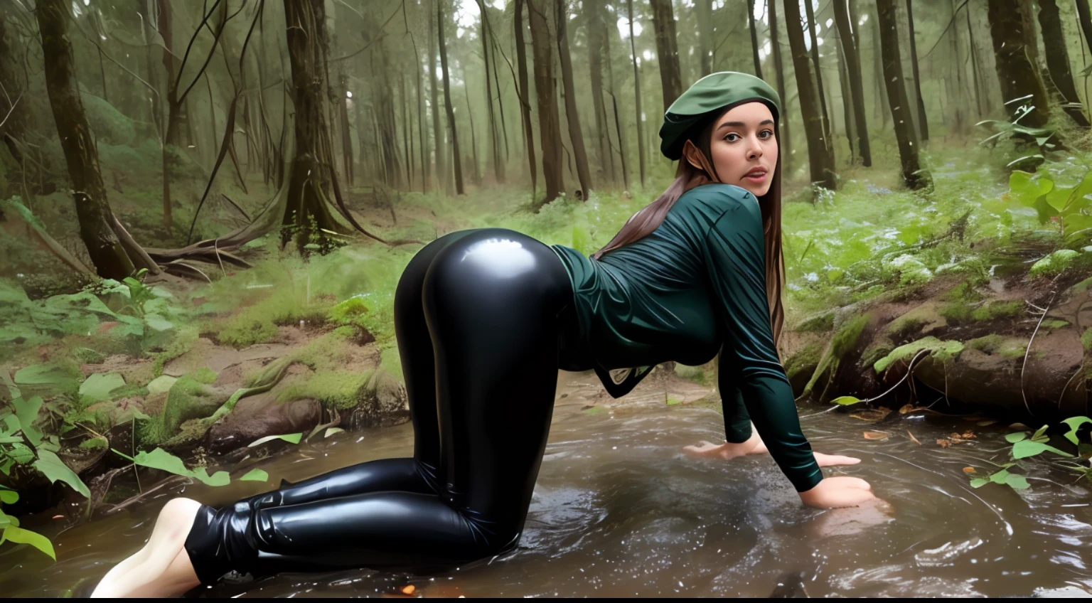 thoroughly drenched beautiful sultry 35 year old brunette woman in forest, ((escaping)), (((wide angle))), (((crawling))), (((rear view))) wearing wet black spandex leggings, knee length boots, military beret, army girl, clinging sheer cotton long-sleeved t-shirt, thoroughly drenched, ((soakingwetclothes)), ((slippery)), slick, sticky, swamp, clinging to chestline, wet hair, wet chest, wet body, wet face, pointy, carnal, nest to tree, masterpiece, best quality,