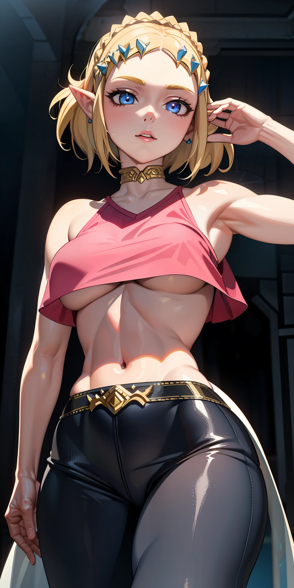 (photorealistic:1.4), ((thick body, slim waist)), (masterpiece, sidelighting, finely detailed beautiful eyes: 1.2), (princess zelda:1.2), masterpiece, realistic, 3d face, glowing eyes, short hair, lustrous skin, solo,, (midriff), blonde hair, 80s aesthetic, underboob, loose crop top, pink, neon, ahegao face, view from below