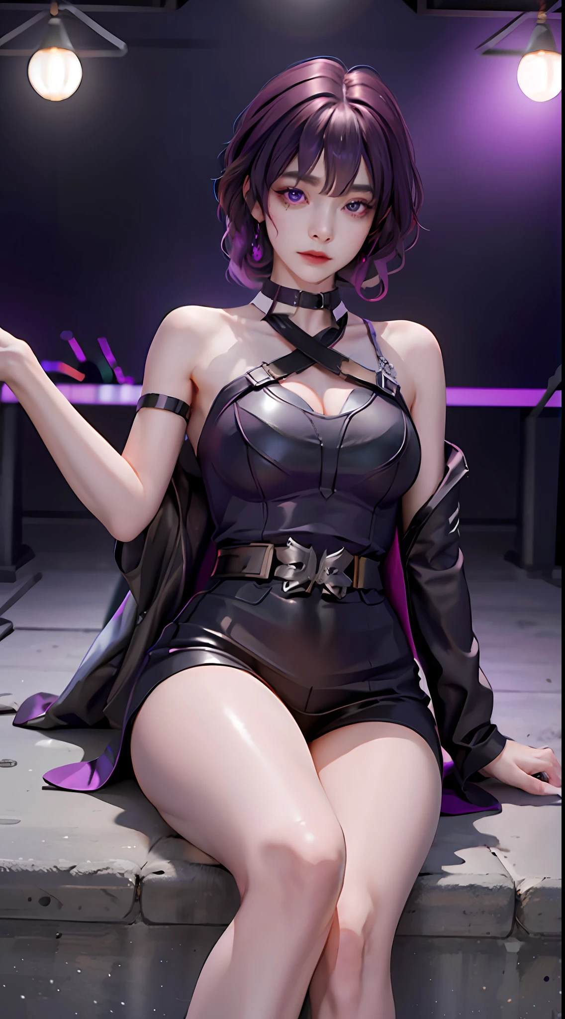 Masterpiece, Best Quality, 1girl, Official, Purple Eyes, Purple Hair, Bustiness, Cowboy Shot, Looking at the Audience, Dark, (Darkness), Cinematic Light, Edge Light, Delicate Eyes, (pureerosface_v1:0.5), Looking at the Audience, (Realisticity: 1.2), Provocative, Honkai Star Track, Cross-legged, Arrogant, Bangs Evil Face, Apocalyptic Background