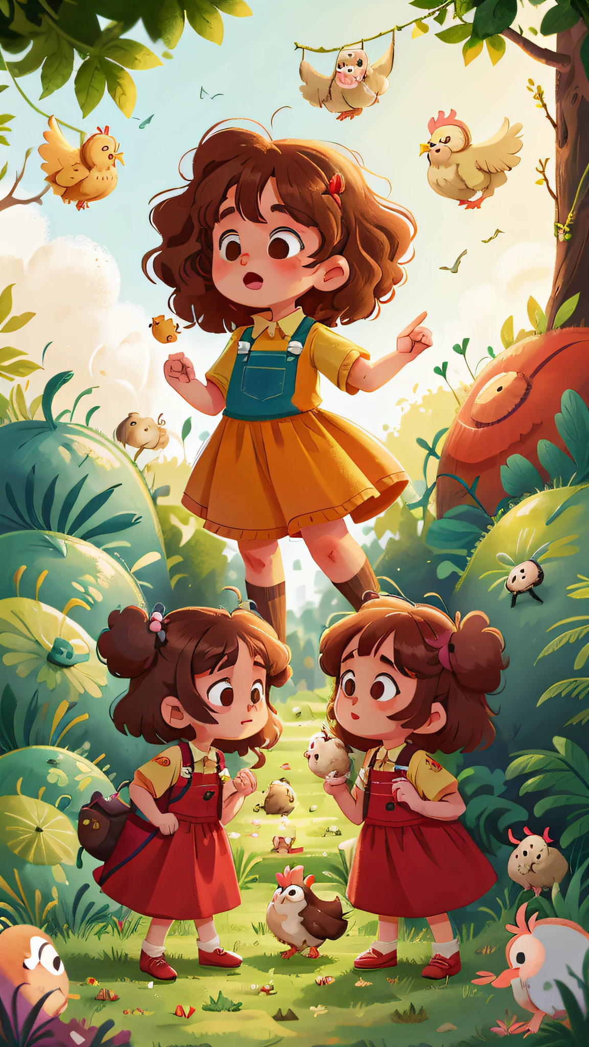 Two girls, twins, curly brown hair, with chickens, cows and rabbits