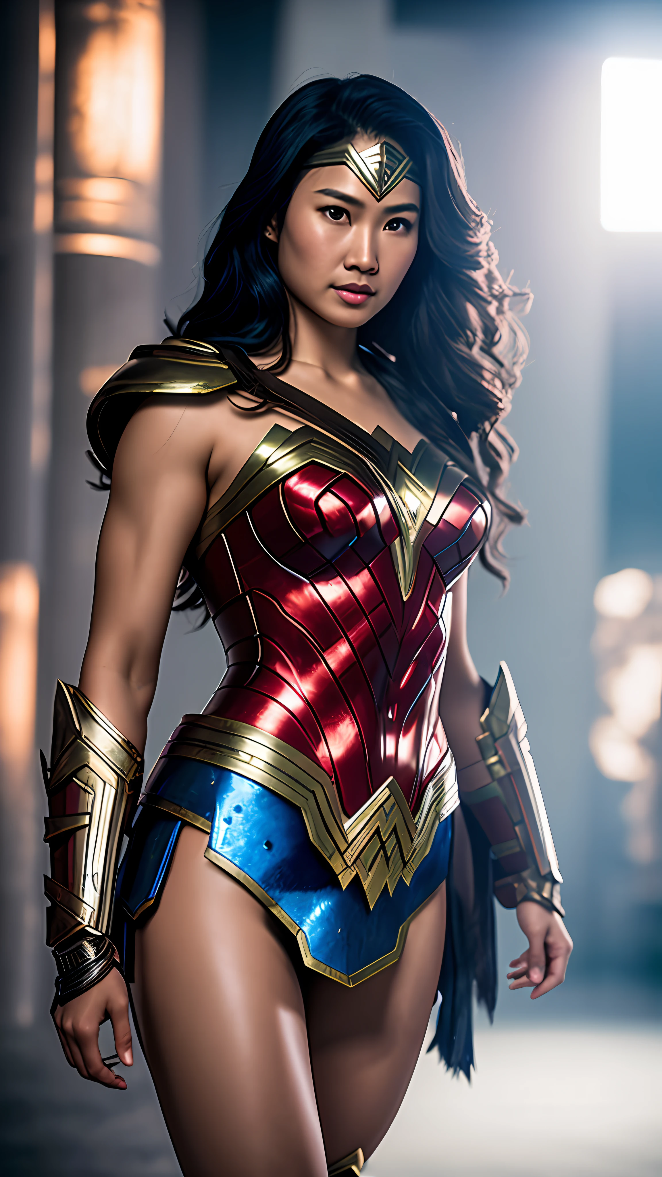 photo of southeast asian wonder woman, red and blue armor, photography, soft lighting, soft details,ultra high detail, ultra realistic, cinematic,16k
