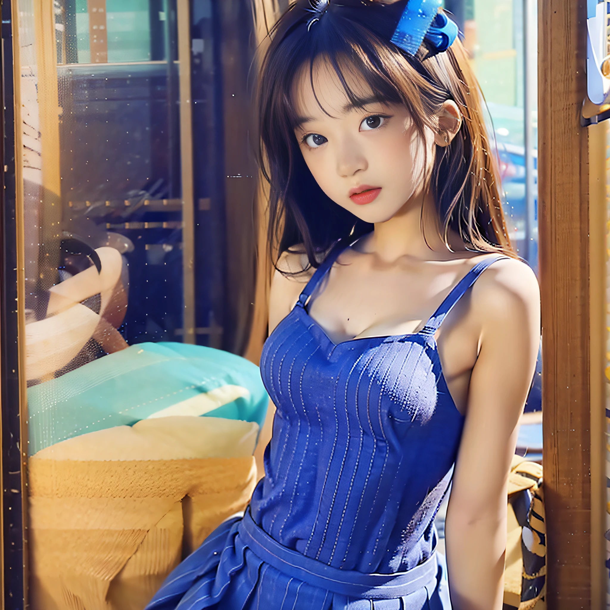Girl posing for photo in small blue suspender and pleated skirt, full body, with cropped blue small suspender, bra, slim figure, smaller bust, slim girl model, 18 year old girl,