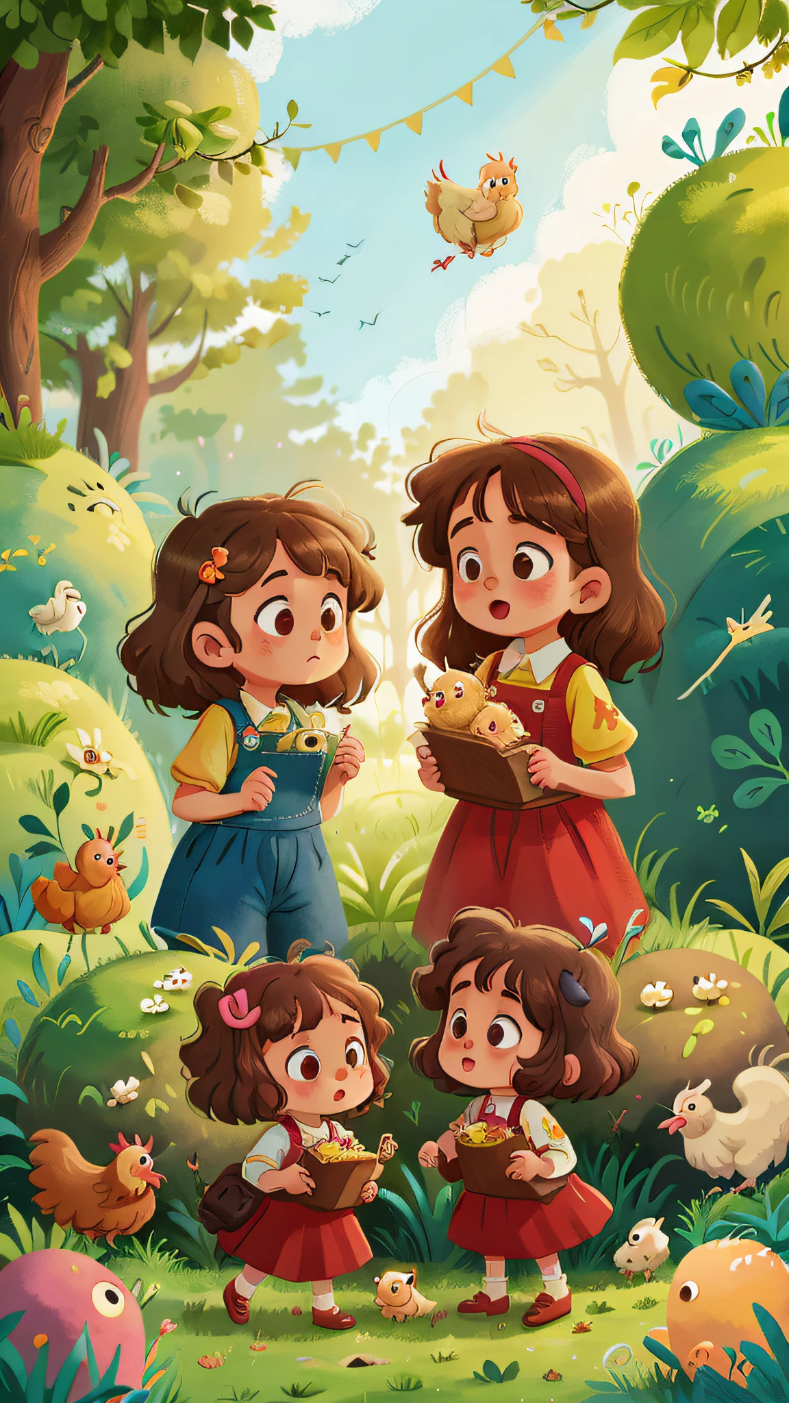 Two girls, twins, curly brown hair, with chickens, cows and rabbits