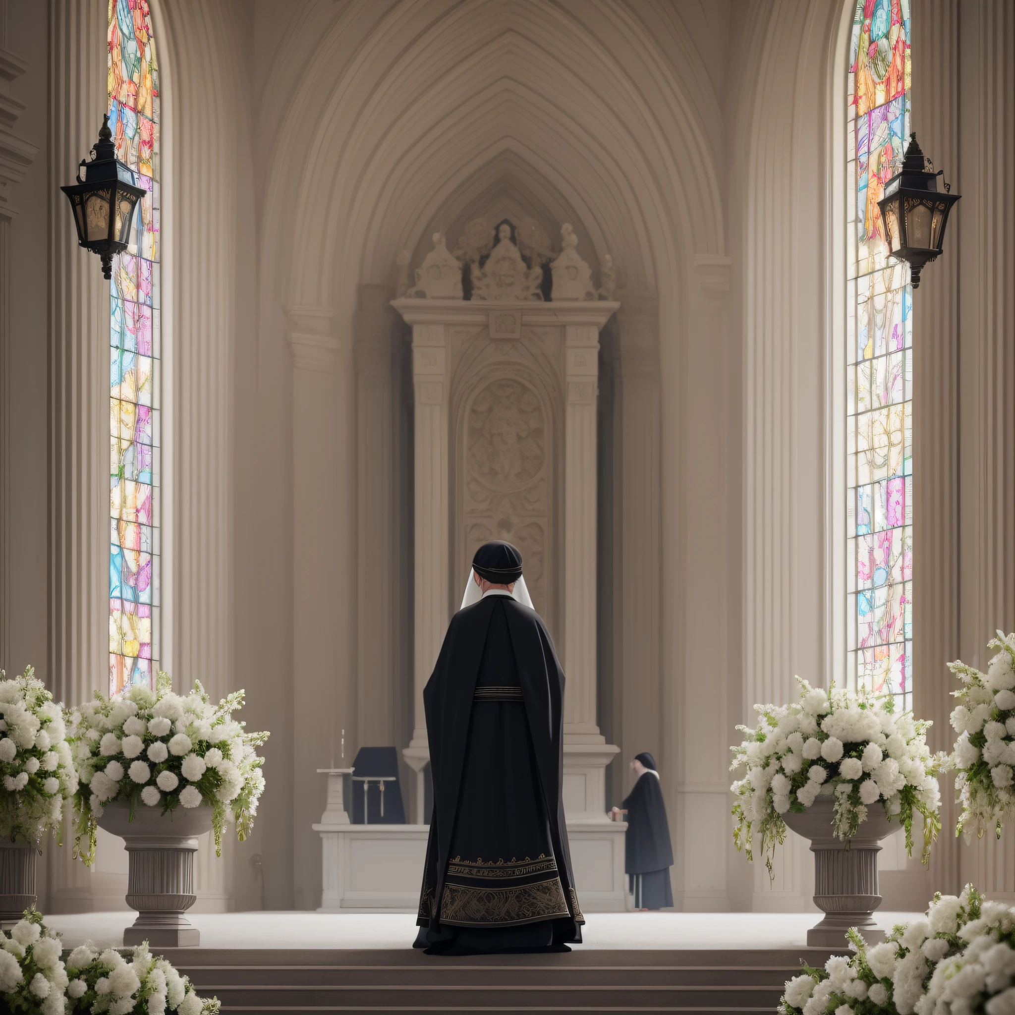 Altar made of beautiful various kinds of white flowers, old woman standing facing the altar, old woman in black mourning clothes, scene from funeral, photo style, cinematic lighting, 8K, cinematic shot, vignette, shot looking at the altar from over the back of the old woman --auto --s2