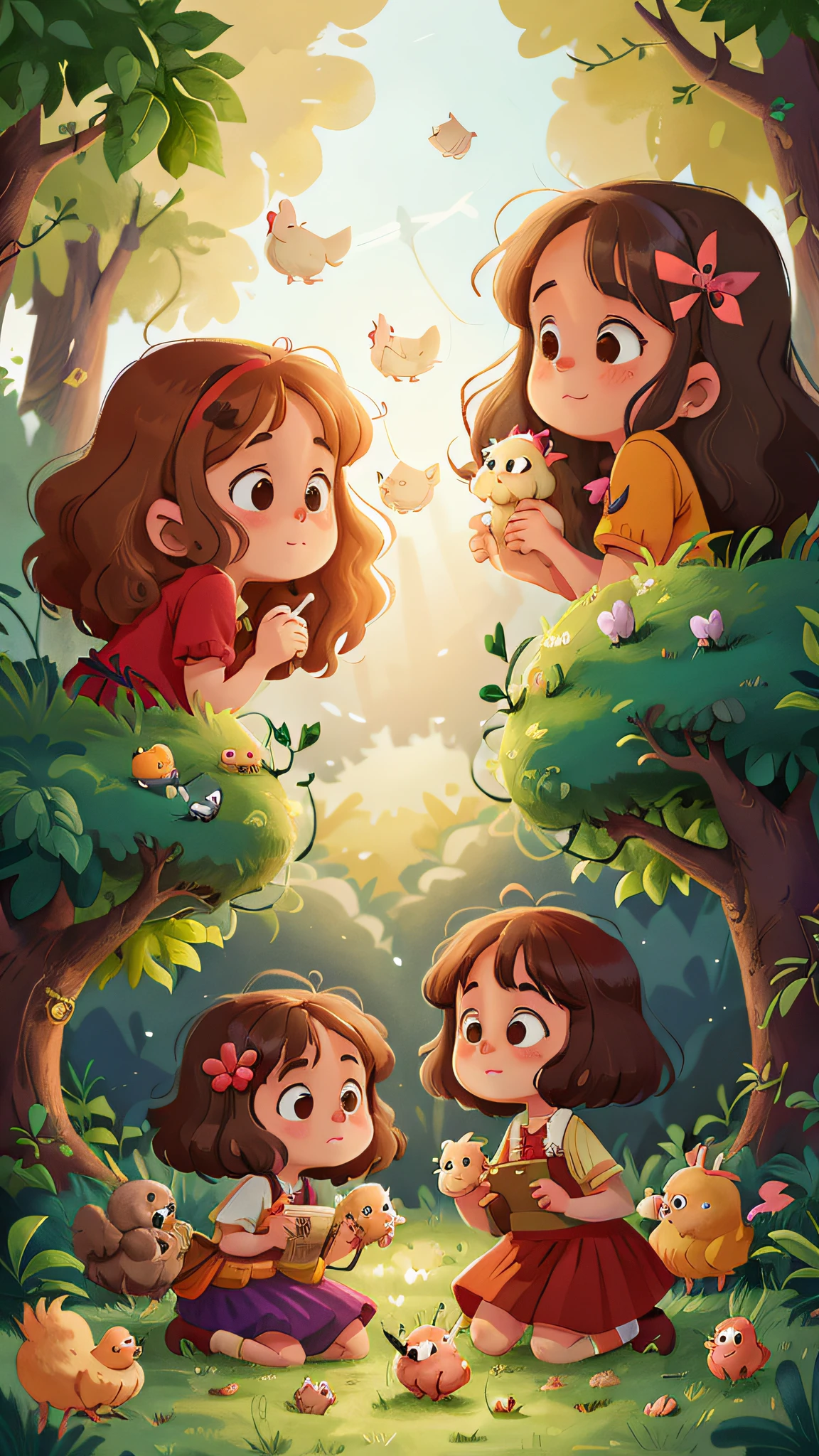 Two girls, twins, curly brown hair, with chickens, cows and rabbits