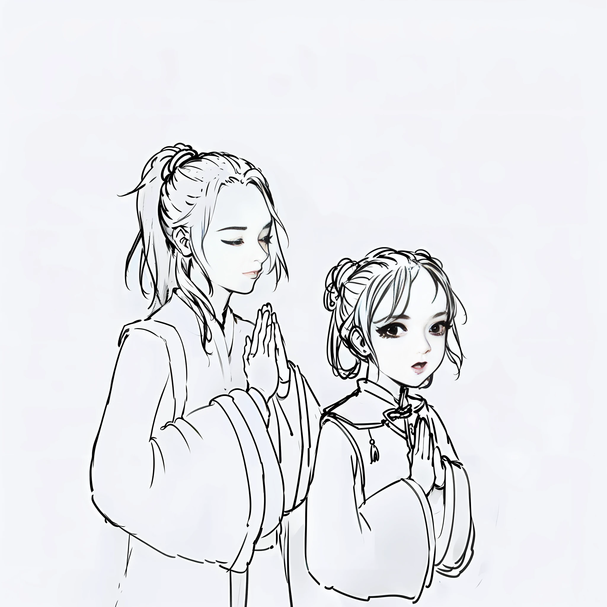 anime drawing of two girls with ponytails and a scarf, flowing hair and long robes, line sketch, inspired by Lü Ji, yiqiang and shurakrgt, simple lineart, sisters, inspired by Chen Jiru, ruan jia and arthur rackham, inspired by Wang Lü, two girls, inspired by Wang Duo, in an anime style