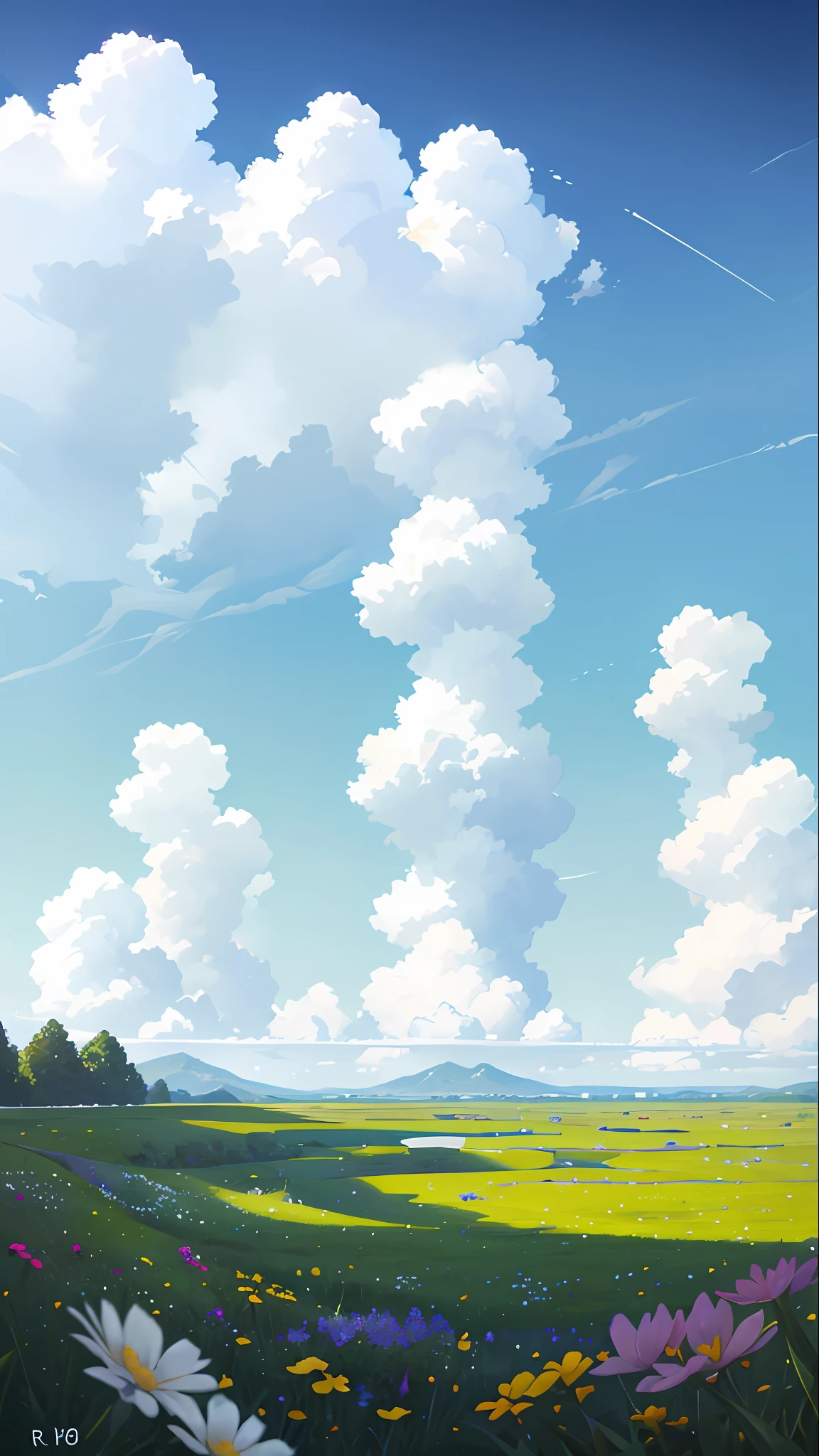 Summer, meadows, a few small flowers, clear lakes, sheep, heaven, large clouds, blue sky, hot weather, HD detail, hyper-detail, cinematic, surrealism, soft light, deep field focus bokeh, distant vistas are snowy mountains, ray tracing, and surrealism. --v6