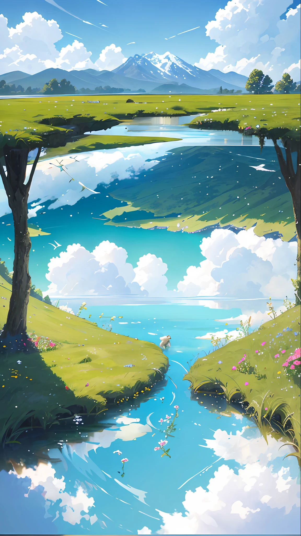 Summer, meadows, a few small flowers, clear lakes, sheep, heaven, large clouds, blue sky, hot weather, HD detail, hyper-detail, cinematic, surrealism, soft light, deep field focus bokeh, distant vistas are snowy mountains, ray tracing, and surrealism. --v6