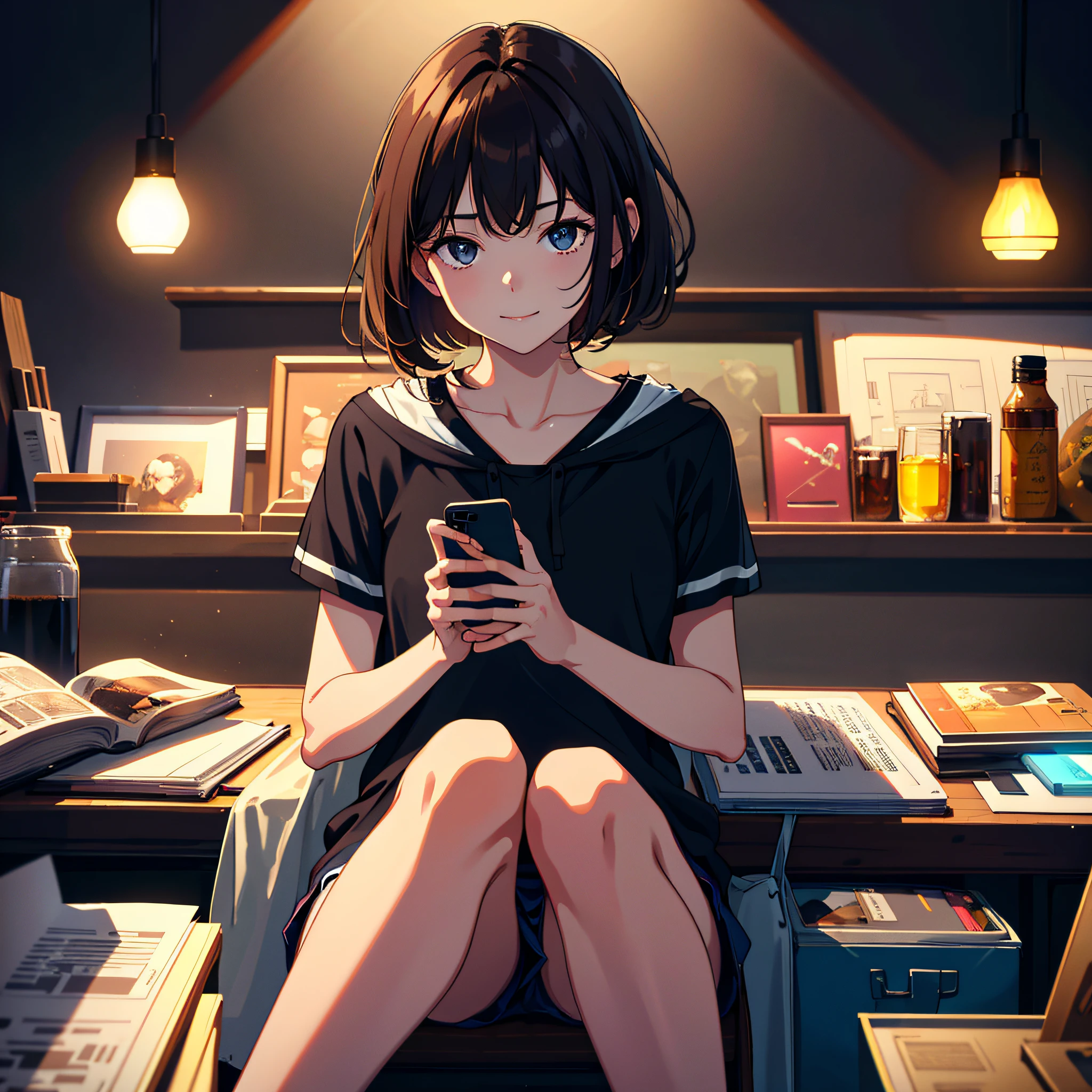 1girl, brunette hair, bad smile, night, holding phone, looking at phone, best quality, masterpiece, super high resolution, detail background, ((highest quality + illustration + masterpiece: 1.3 + super detail: 1.2)), indoors, holding phone, sitting, stinky face, looking at phone, black sky, cinematic lighting, (color), (slow motion: 1.2), (soft light and shadow: 1.3).