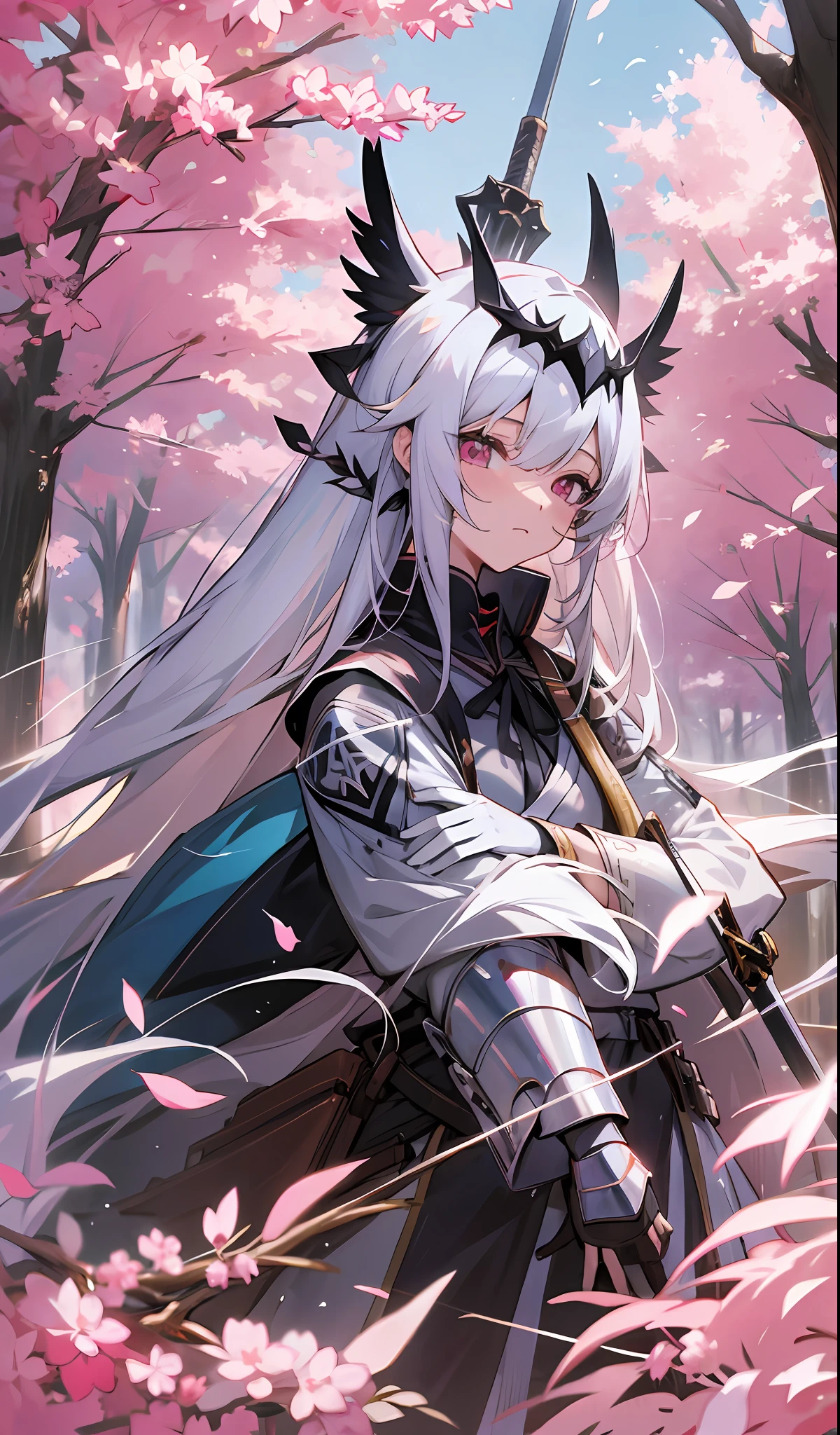 Anime girl with long white hair in a field of trees with pink leaves holding a shiny Japanese sword next to her horse, from Arknights, Anime Art Wallpaper 4K, Anime Art Wallpaper 4K, Zerochan Art, Anime Art Wallpaper 8K, Trending on ArtStation Pixiv, Anime Fantasy Artwork, Beautiful Anime Artwork, Best Anime 4K Konachan Wallpaper, High Quality Anime Art, Armor Girl, Beautiful Fantasy Anime Holding a Shiny Sword