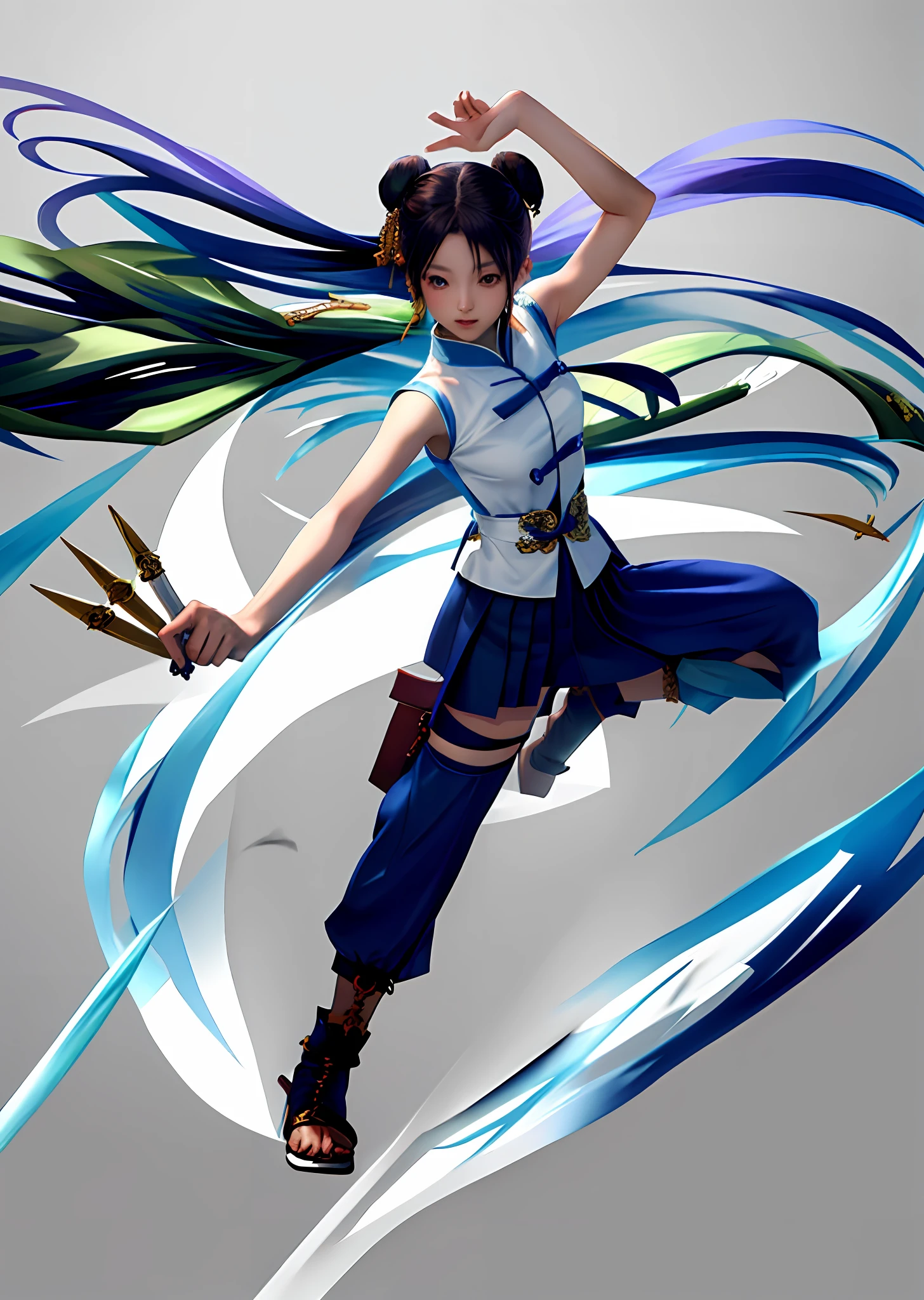 masterpiece, high quality, best quality, drawing of a woman in a short skirt holding 3 daggers, double bun, Ming from Chinese mythology, fighting pose, inspired by Tsubasa Nakai, inspired by Kamizaka Sekka, anime pose, inspired by Koichi Sakai, simple background