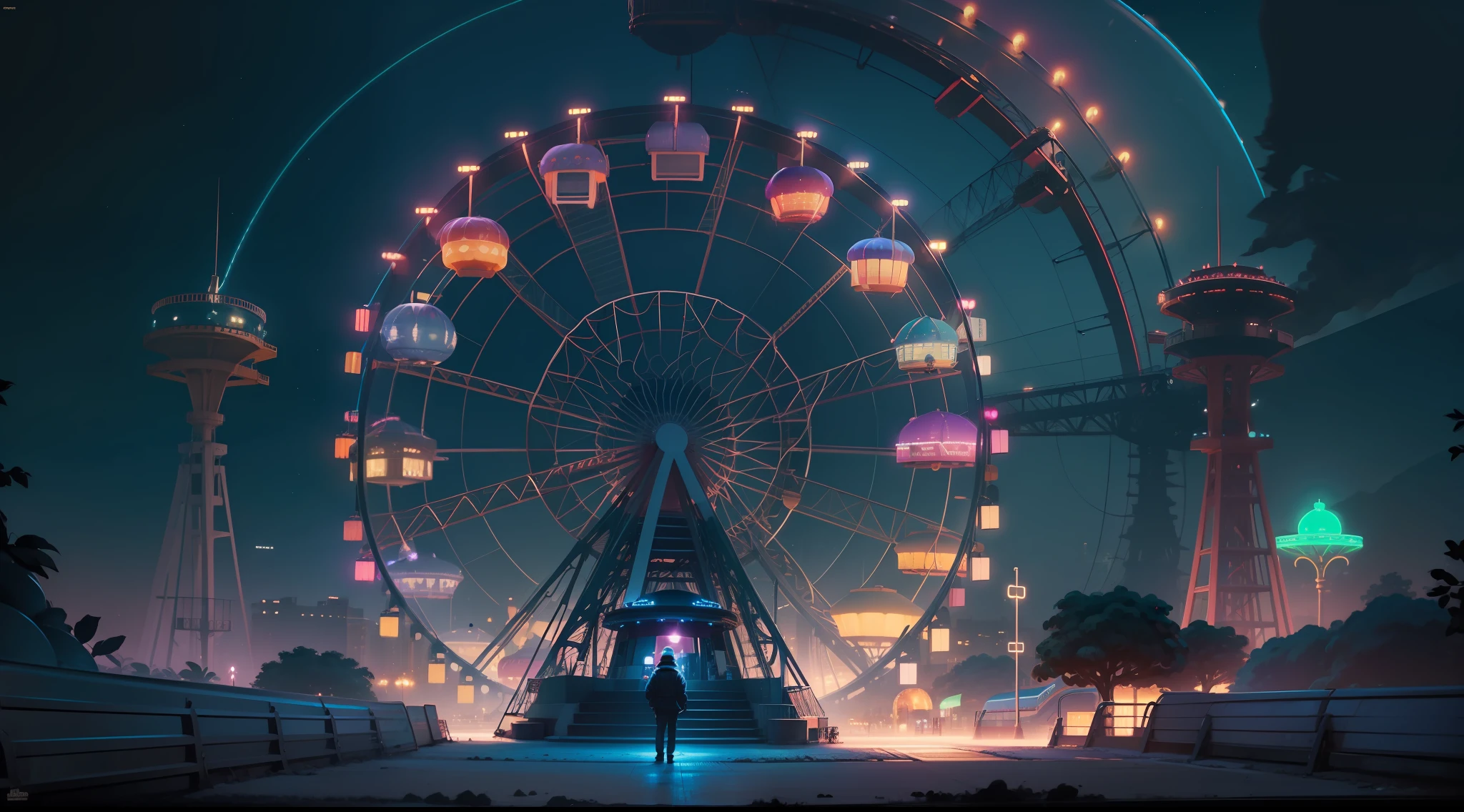 Darkness, night, night amusement park, Ferris wheel in the background, neon lights, roller coaster middle brain with spacious landing, merry-go-round, unmanned, luxury overseas car, giant stuffed rabbit