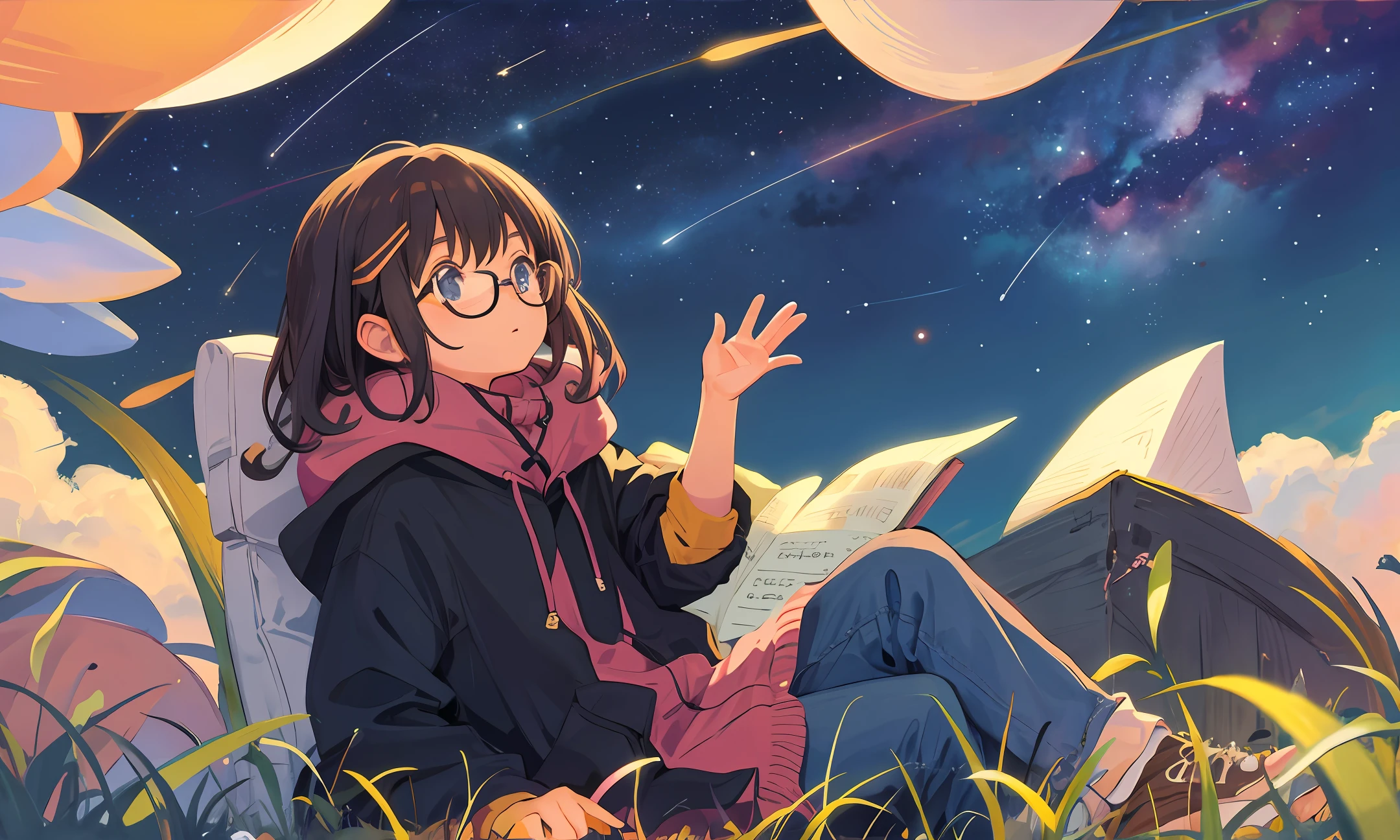 Little girl with glasses sitting on the ground looking up at the stars